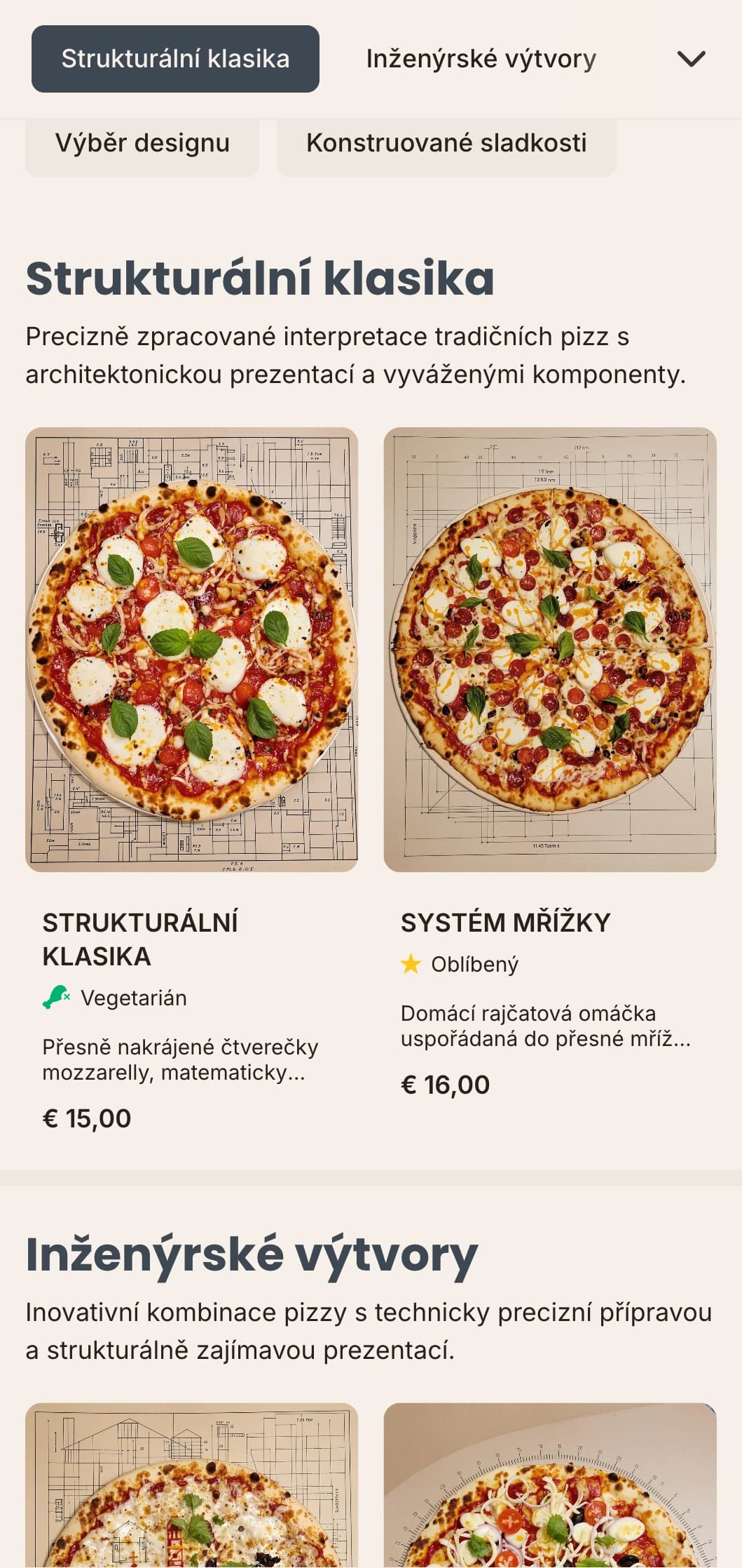 Architektonicky inspirované menu pizzy s precizním rozvržením a technickou estetikou.