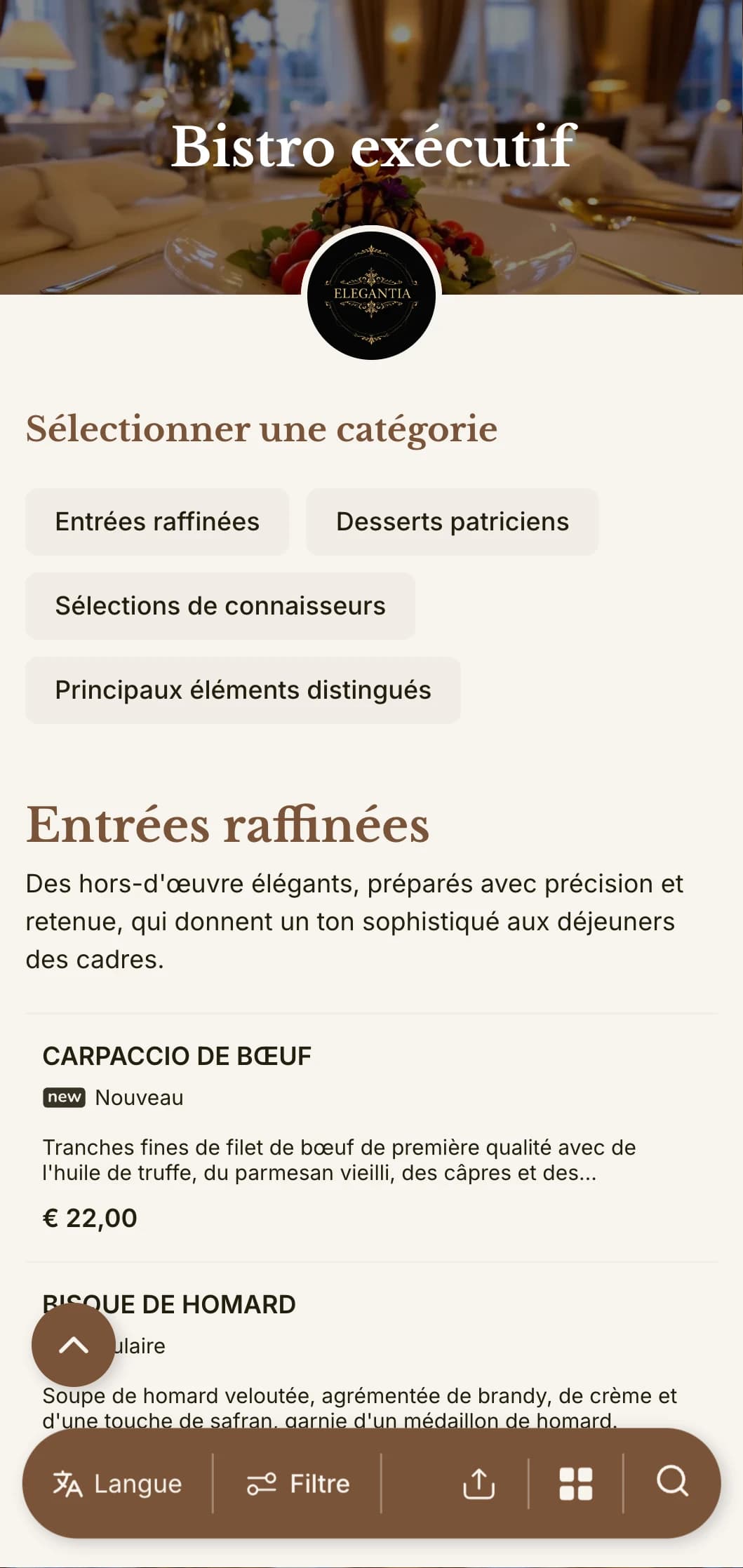Un menu sophistiqué pour le déjeuner, avec une typographie raffinée et un espacement élégant, conçu pour les hôtels-restaurants haut de gamme et les salles à manger de direction servant des professionnels.
