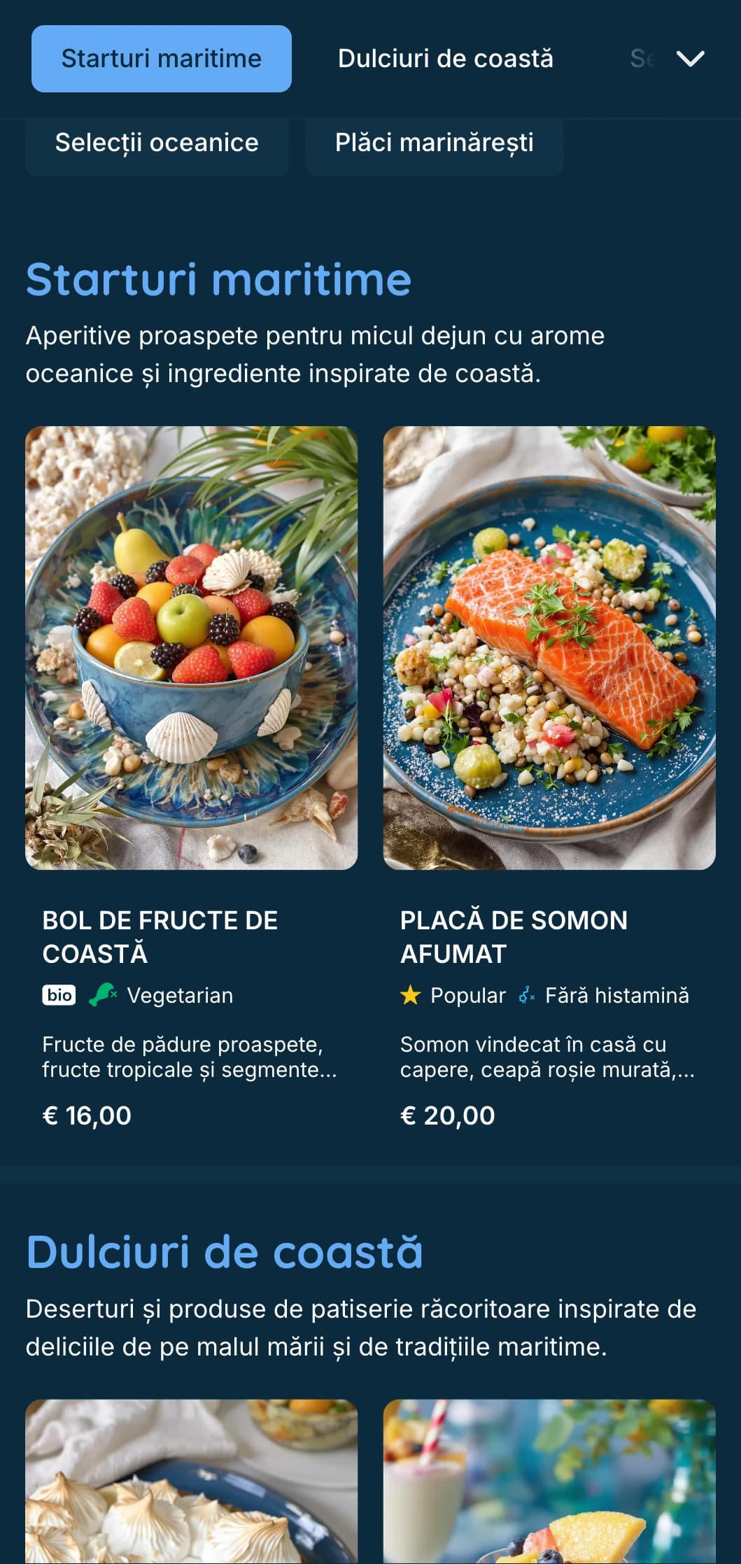 Șablon de brunch proaspăt, maritim, cu tonuri de albastru intens, ideal pentru brunch-uri cu fructe de mare și localuri pe malul mării.