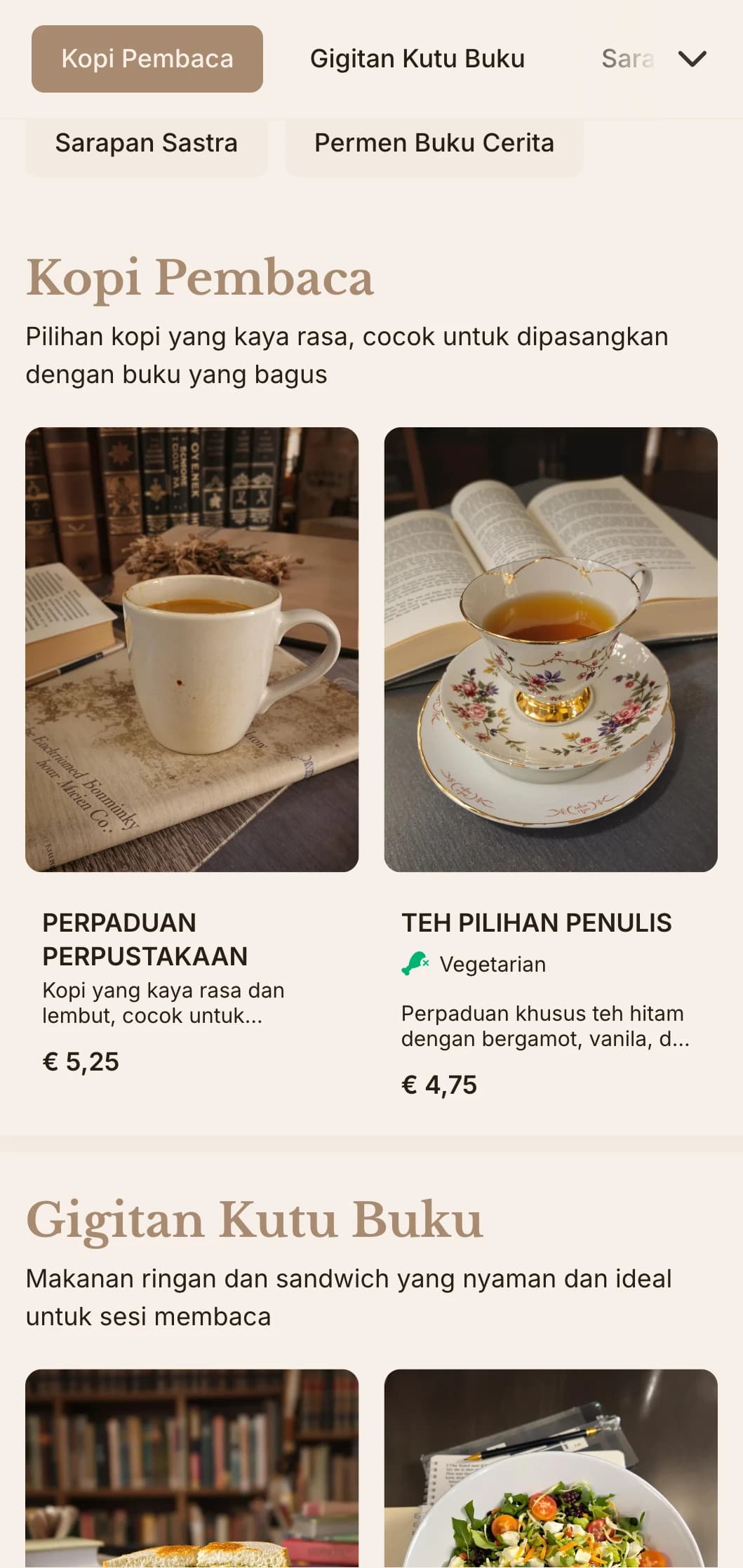 Desain cokelat hangat dengan elemen sastra untuk kafe toko buku dan ruang baca.