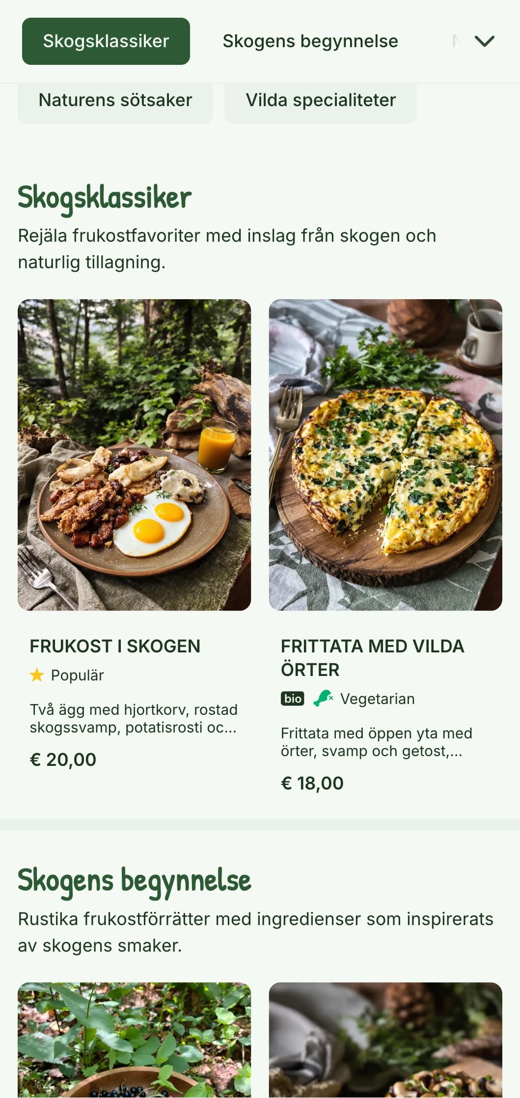 Rustika frukostalternativ med insamlade element och naturlig presentation inspirerad av skogens estetik.