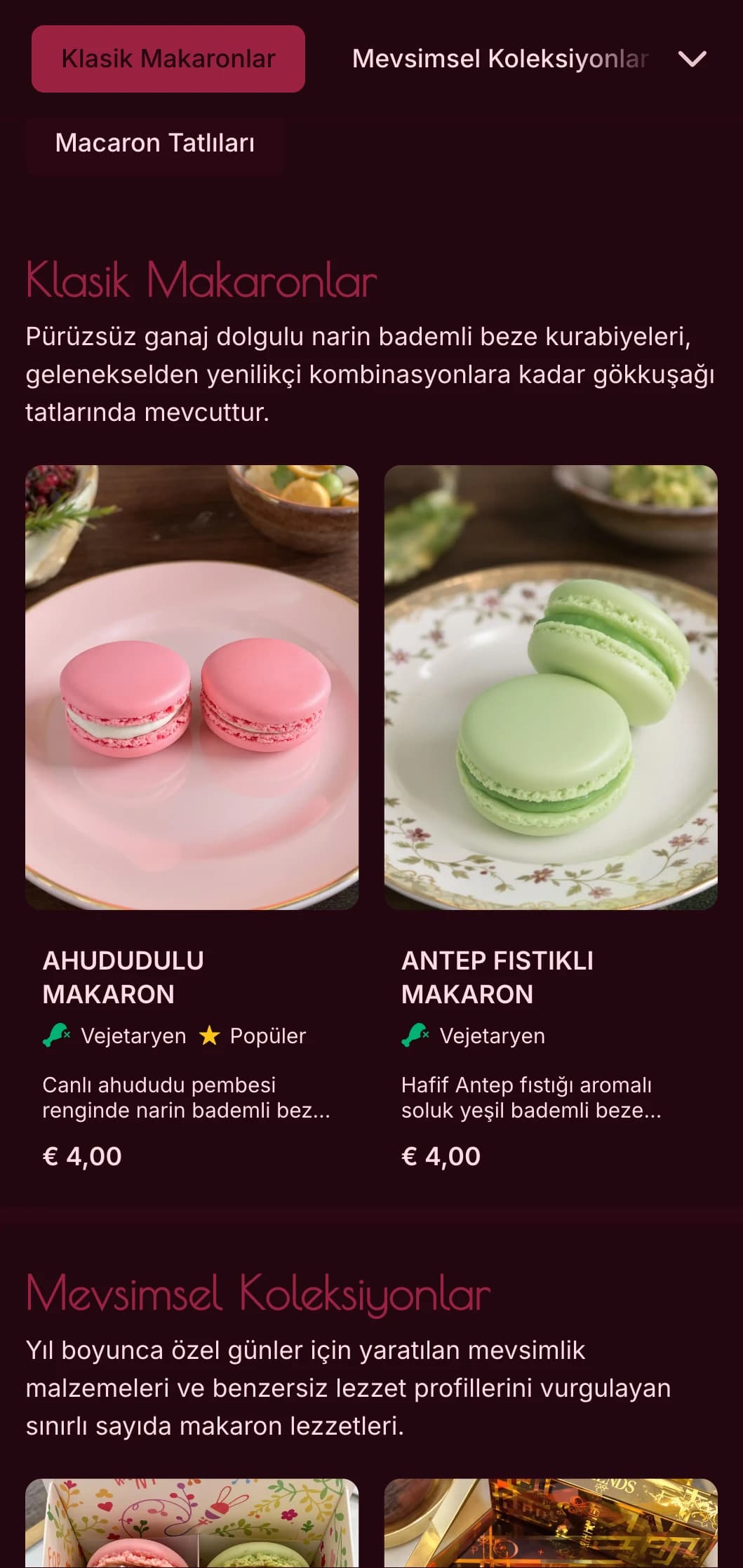 Makaron uzmanları ve üst düzey tatlı butikleri için ideal, zengin pembe tonları ve zarif tipografi ile renkli, lüks odaklı bir fırın menüsü tasarımı.