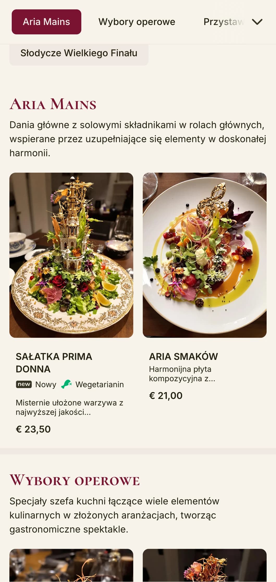 Wielki, inspirowany muzyką projekt menu obiadowego z elementami operowymi i dramatycznym układem, odpowiedni dla restauracji w pobliżu teatrów operowych lub z motywami muzycznymi.