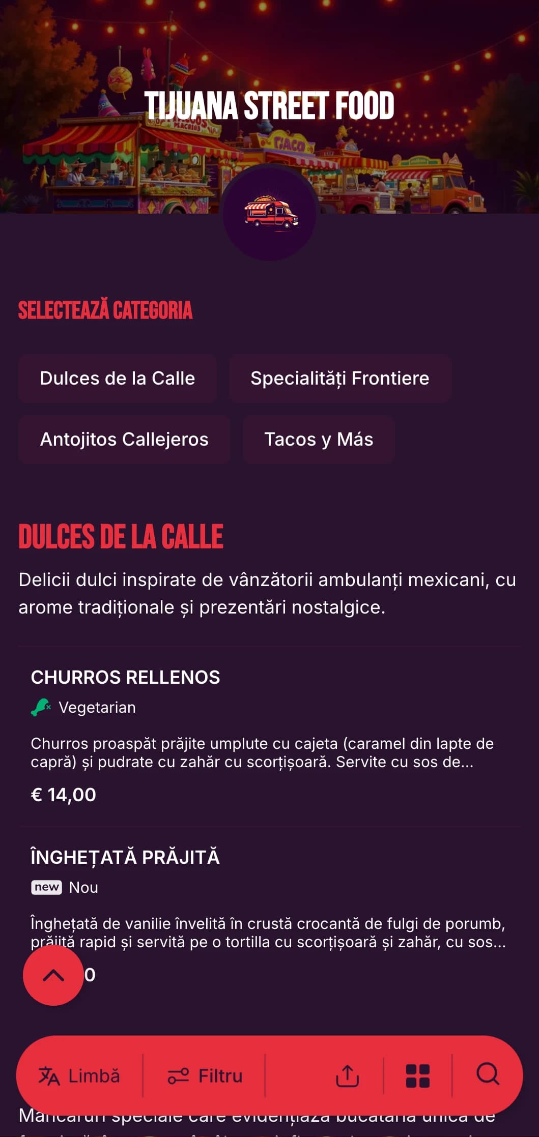 Meniu de street food îndrăzneț și energic, inspirat de scena gastronomică vibrantă din Tijuana, cu culori vii, tipografie casual și specialități autentice de taco.