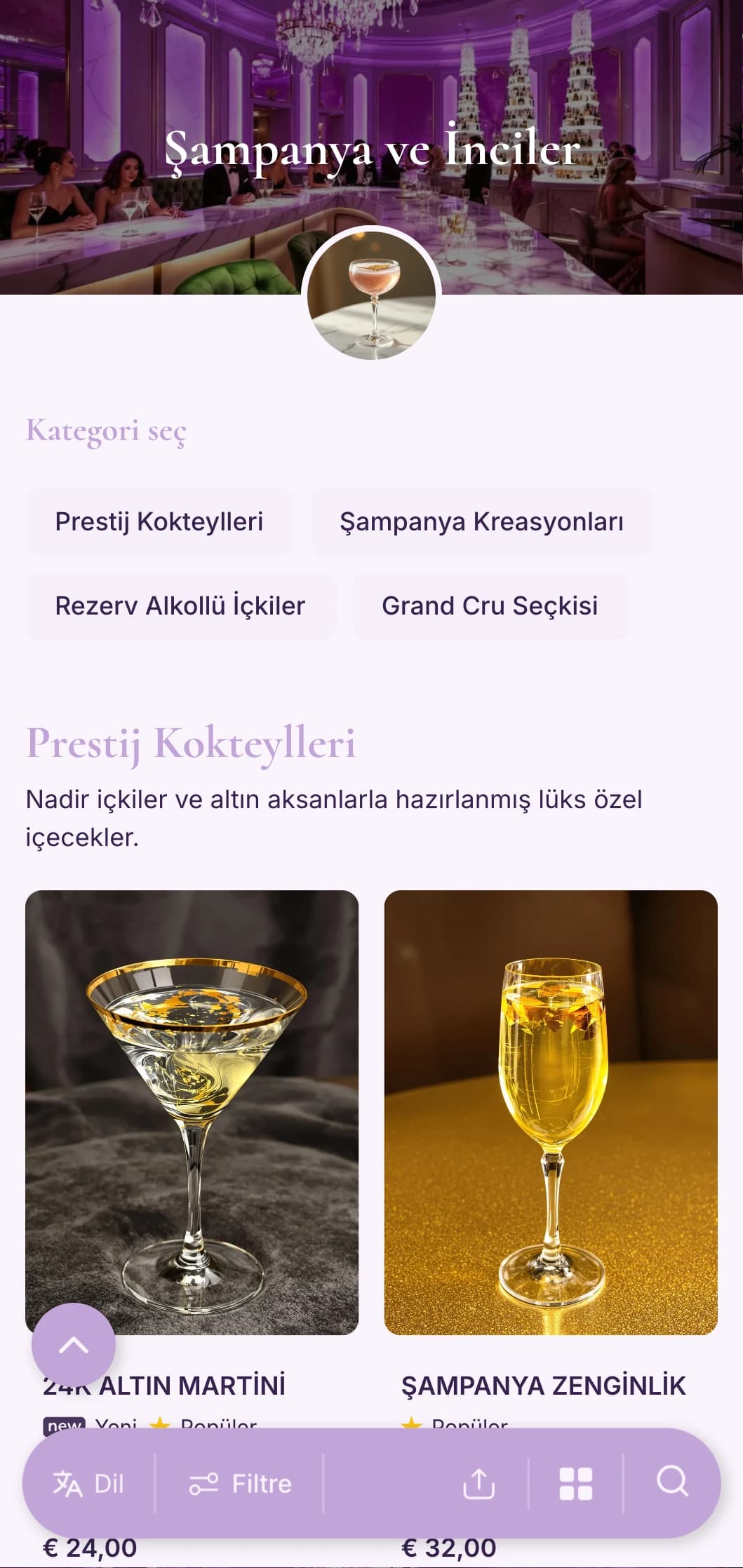 Üst düzey şampanya ve kokteyl salonları için narin lavanta ve inci beyazı tasarım.