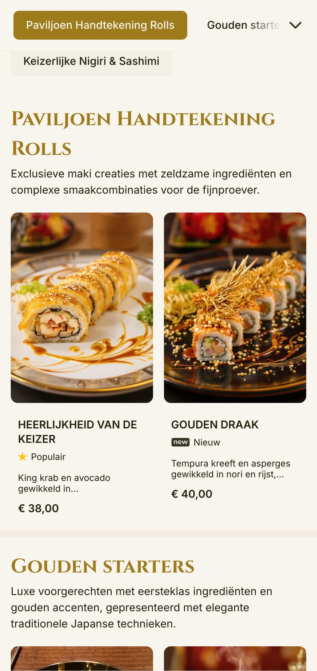 Luxe sushikaart met gouden accenten, geïnspireerd op de beroemde tempel van Kyoto, met elegante typografie en traditionele elementen.