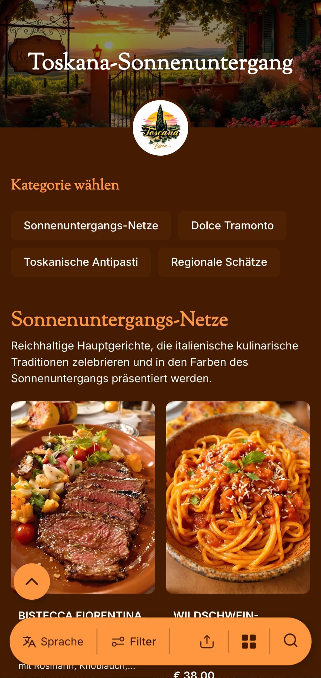 Ein warmes, toskanisch inspiriertes Abendmenü mit Terrakotta-Tönen und italienischen Designelementen, perfekt für authentische italienische Restaurants.