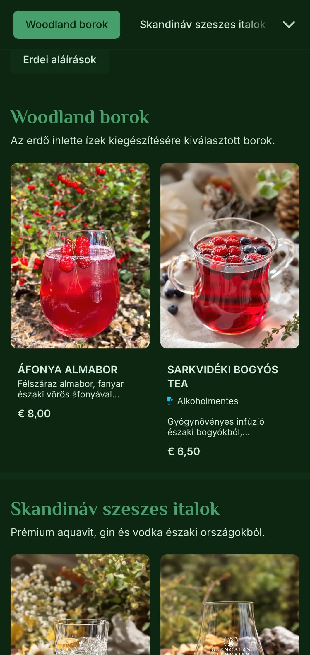 A skandináv erdők által inspirált mélyzöld dizájn a természet témájú bárok számára.