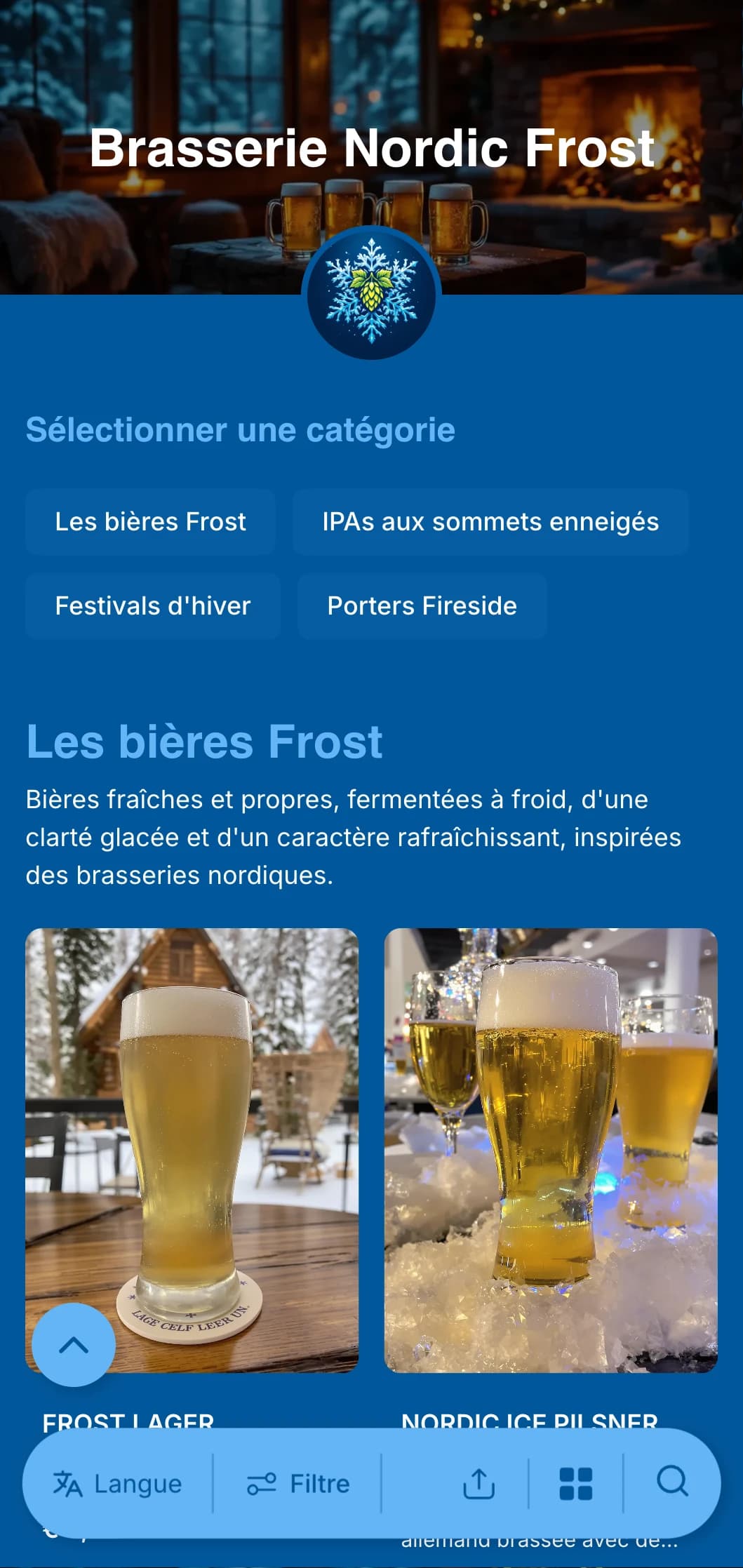 Design frais et net sur le thème de l'hiver avec des tons bleus glacés et des accents de flocons de neige, idéal pour les menus de bières saisonnières d'hiver.
