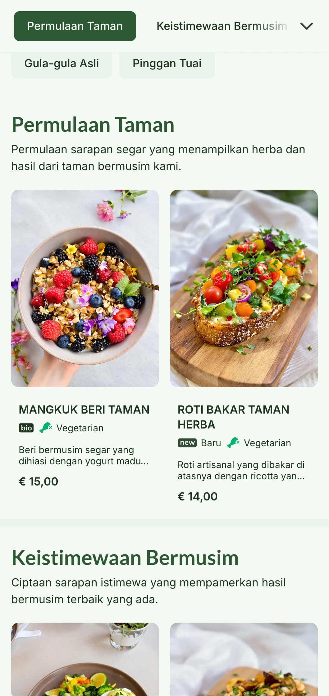 Hidangan sarapan berinspirasikan alam semula jadi yang menampilkan hasil bermusim dan bahan organik dalam persembahan yang menyegarkan.