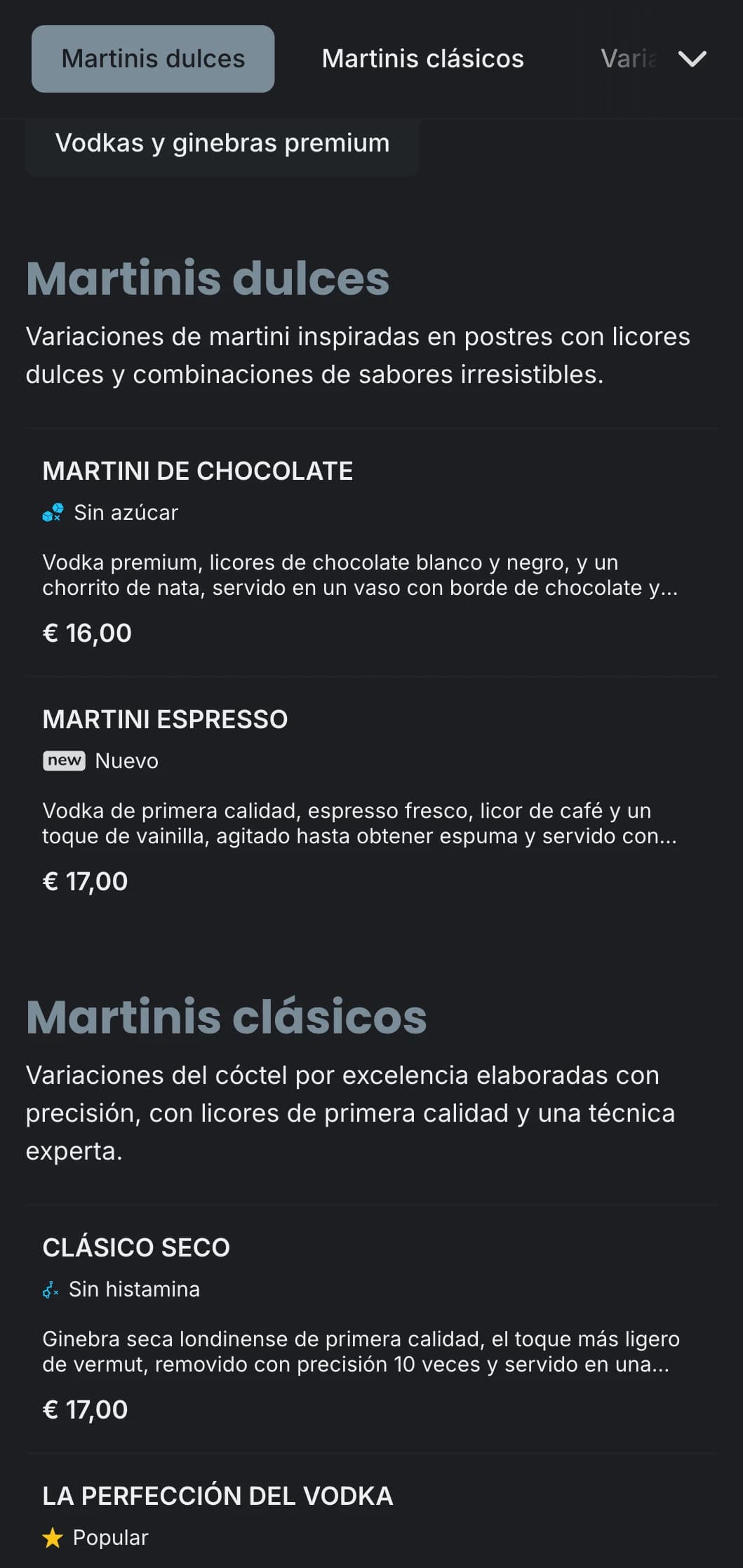 Un diseño de menú sofisticado y urbano para bares de martinis y salones con una tipografía elegante y tonos grises fríos.