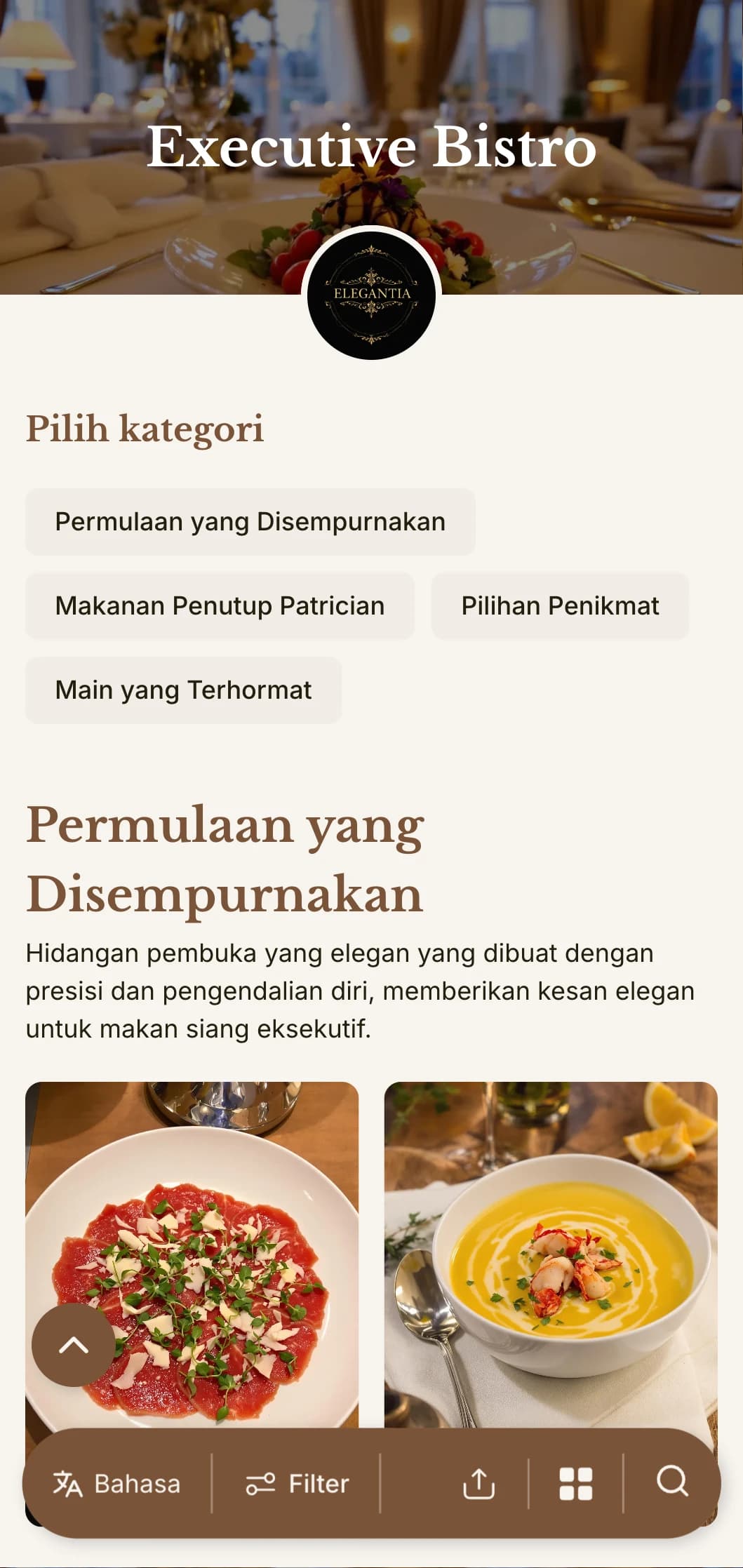Desain menu makan siang yang canggih dengan tipografi yang halus dan jarak yang elegan, disesuaikan untuk restoran hotel kelas atas dan ruang makan eksekutif yang melayani para profesional bisnis.