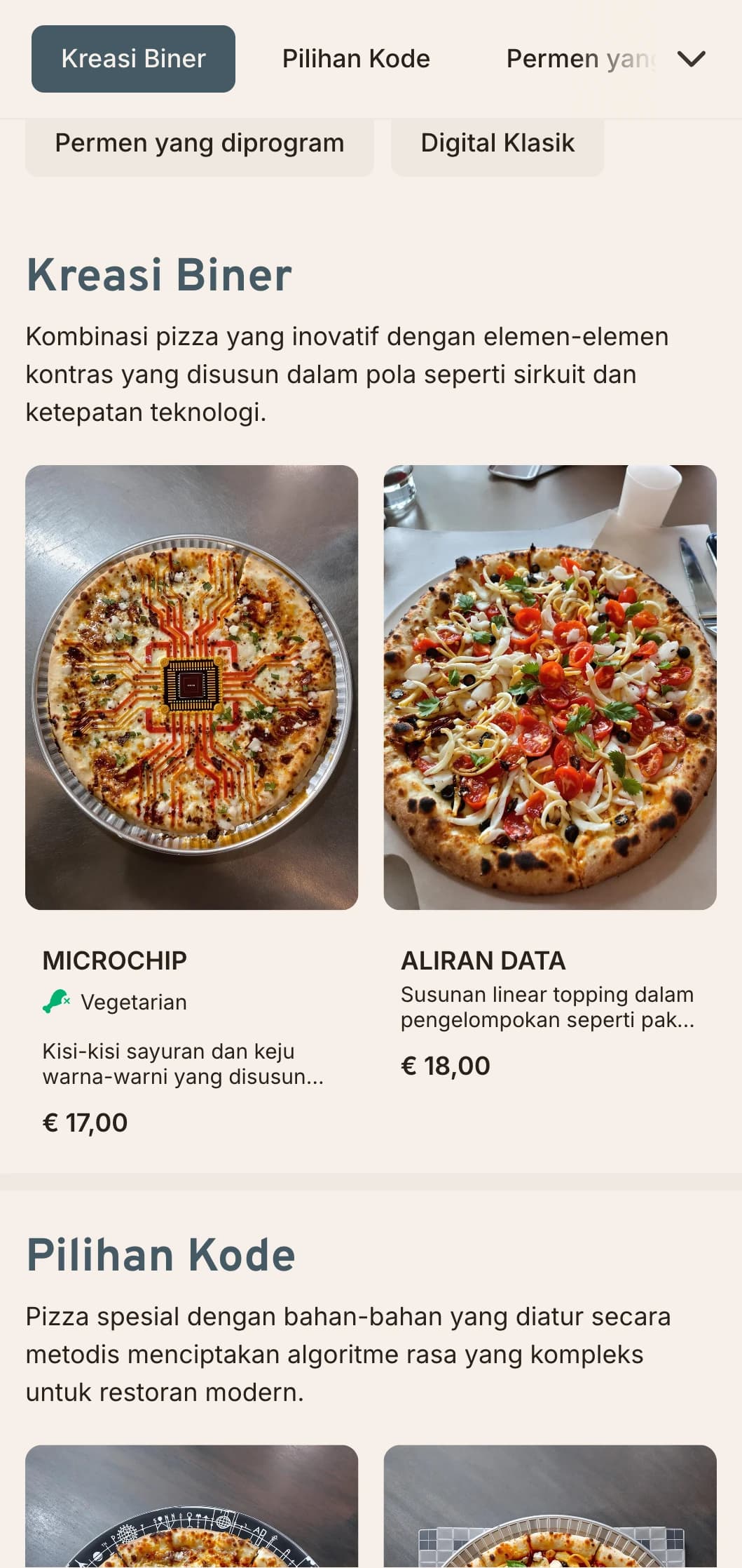 Menu pizza yang terinspirasi dari teknologi dengan estetika papan sirkuit untuk tempat yang kontemporer.