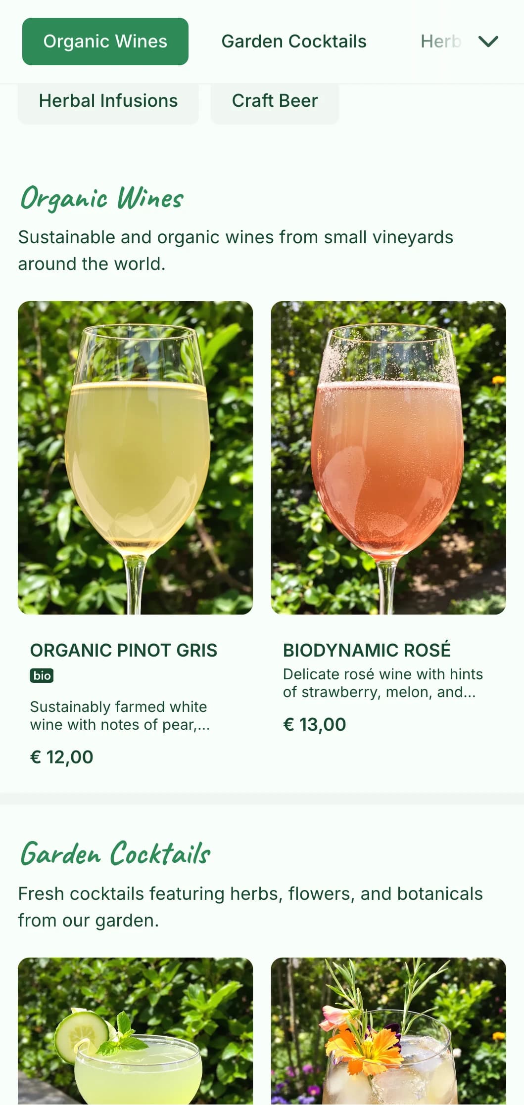 Fresh green-themed design with botanical elements for garden bars and terraces.