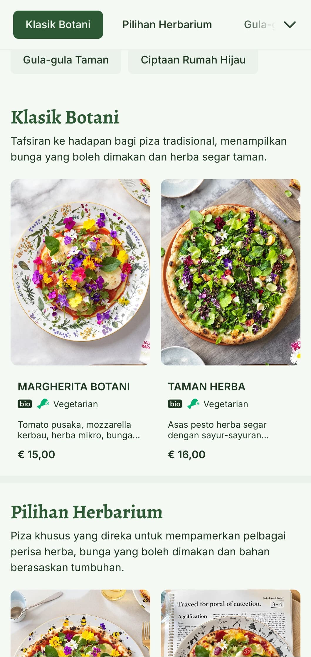 Menu piza berasaskan tumbuhan dengan ilustrasi botani dan elemen reka bentuk semula jadi.