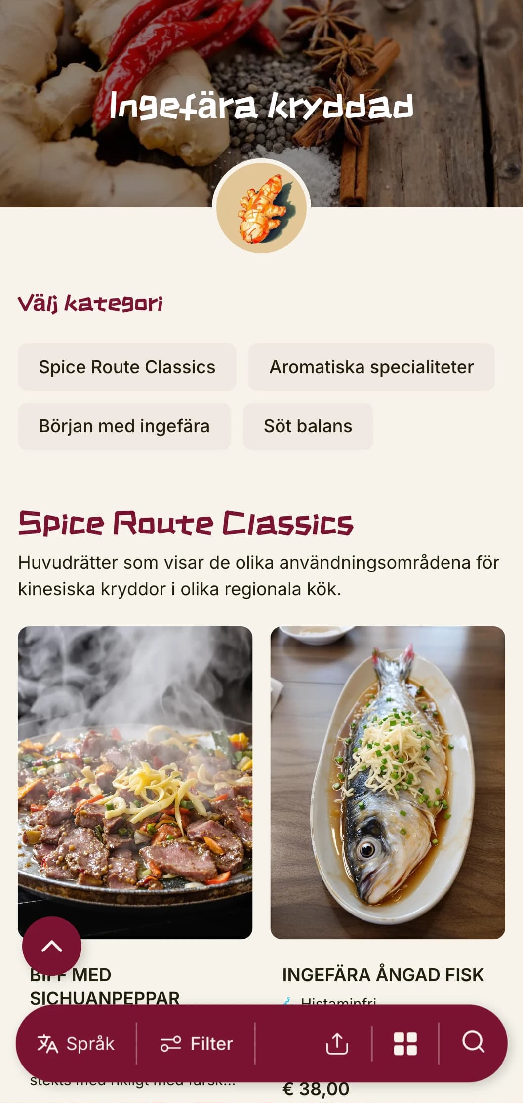 Levande kinesisk menydesign inspirerad av ingefära- och kryddtraditioner, med djärva inslag för autentiska regionala rätter.