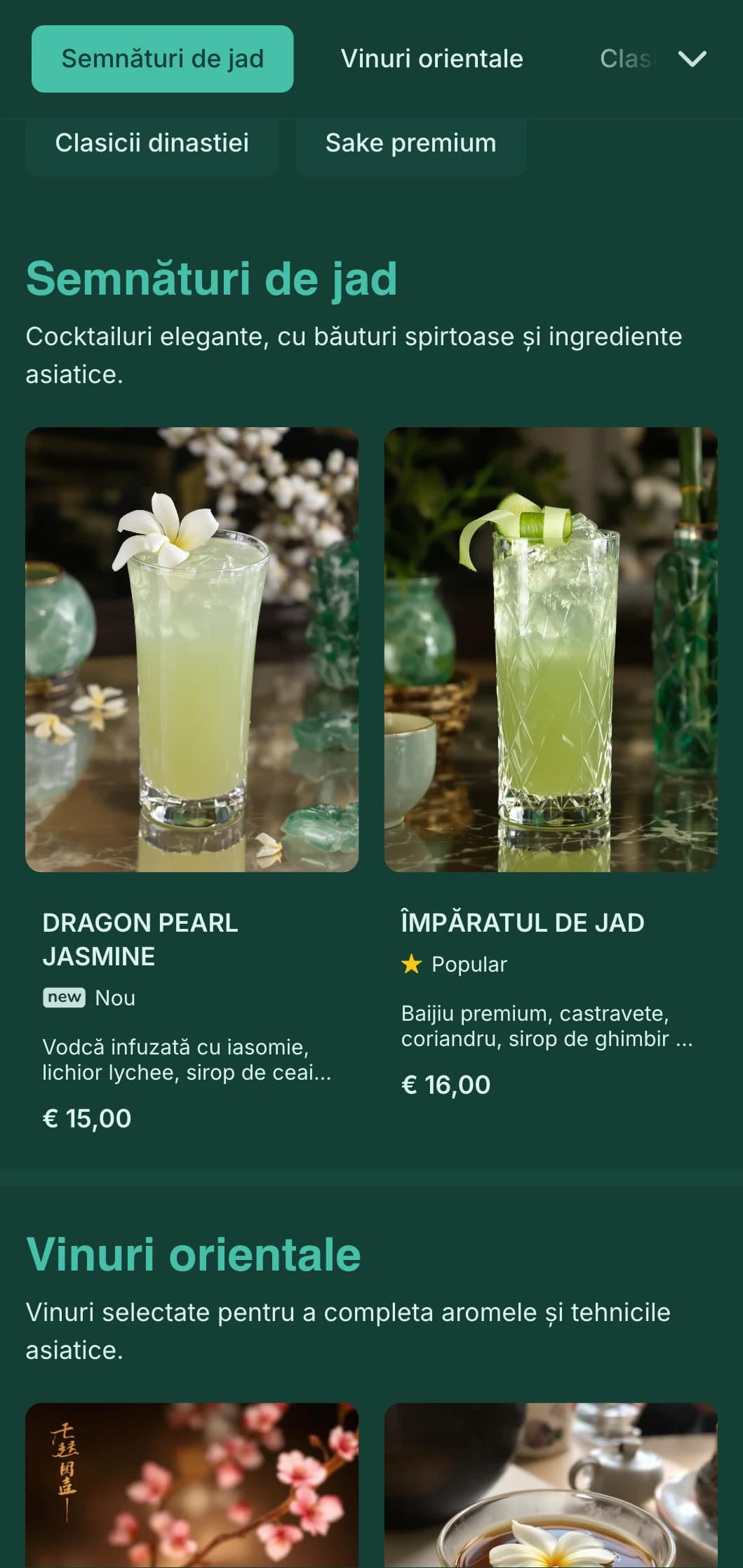 Design verde elegant inspirat de arta chineză pentru saloanele de cocktail de inspirație asiatică.