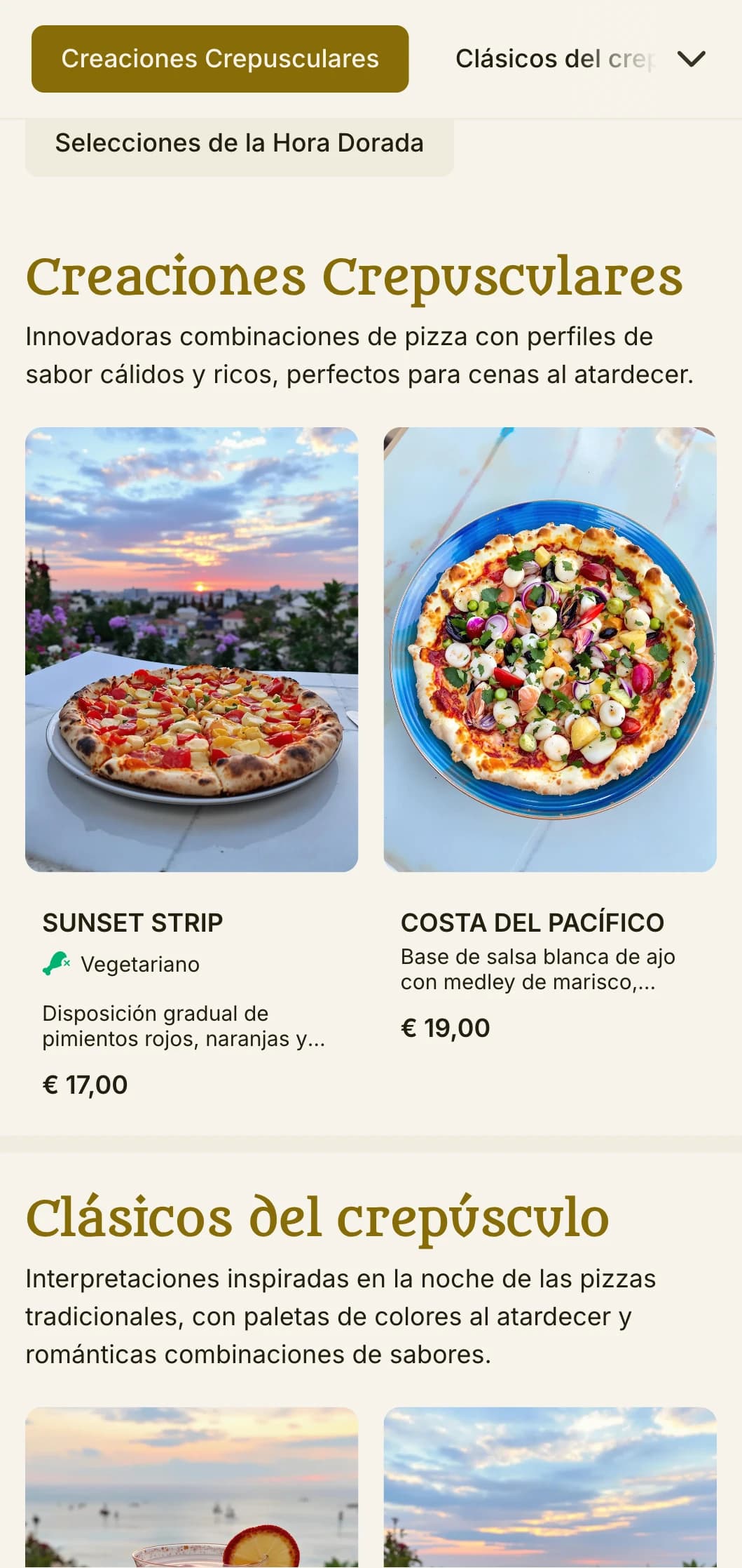 Vibrante menú de pizzas de temática nocturna con paleta de colores del atardecer y elementos románticos.