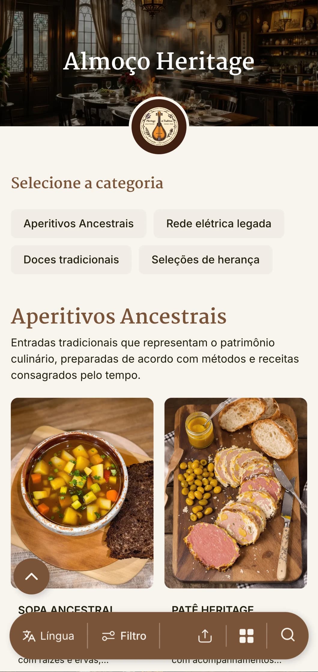 Design de cardápio de almoço tradicional, inspirado no patrimônio histórico, com elementos históricos e tipografia atemporal, perfeito para restaurantes de referência e estabelecimentos com importância cultural.
