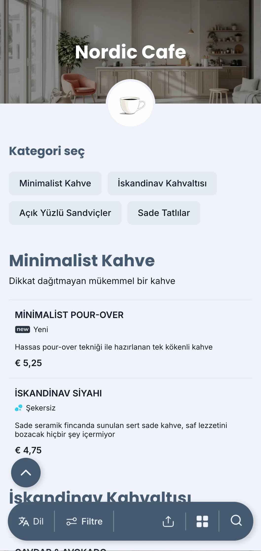 Modern minimalist kafeler için soğuk mavi tonlarıyla İskandinav esintili temiz tasarım.