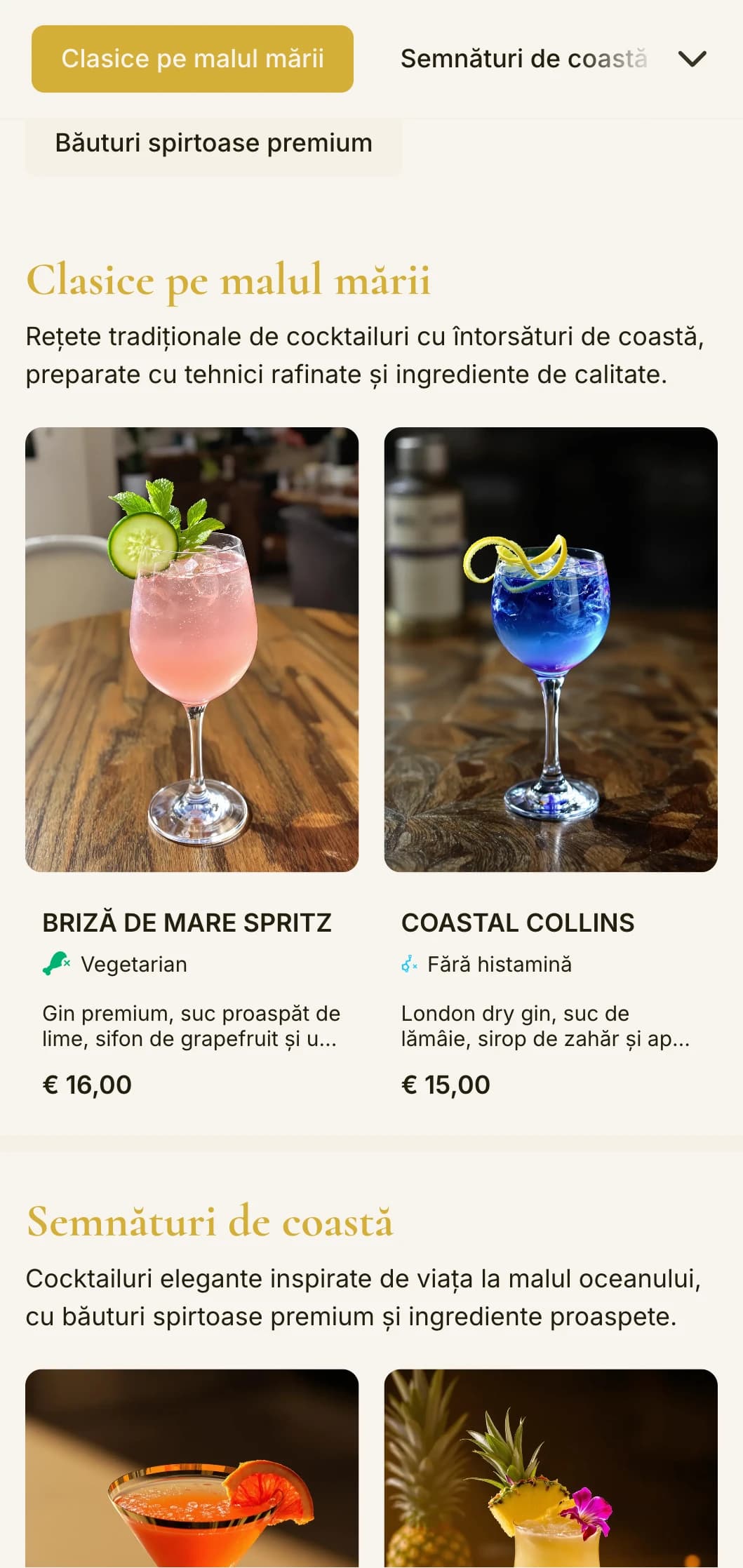 Un design sofisticat, inspirat de coastă, pentru baruri de lux de pe plajă și din stațiuni, cu tipografie elegantă și accente aurii.