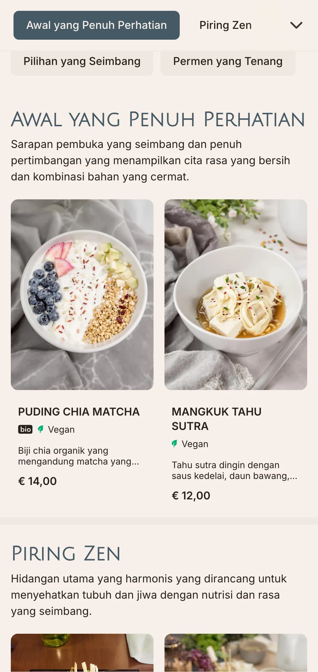 Templat brunch yang tenang dan seimbang dengan pengaruh Asia, cocok untuk kafe kesehatan yang menawarkan pengalaman bersantap dengan matcha dan penuh perhatian.
