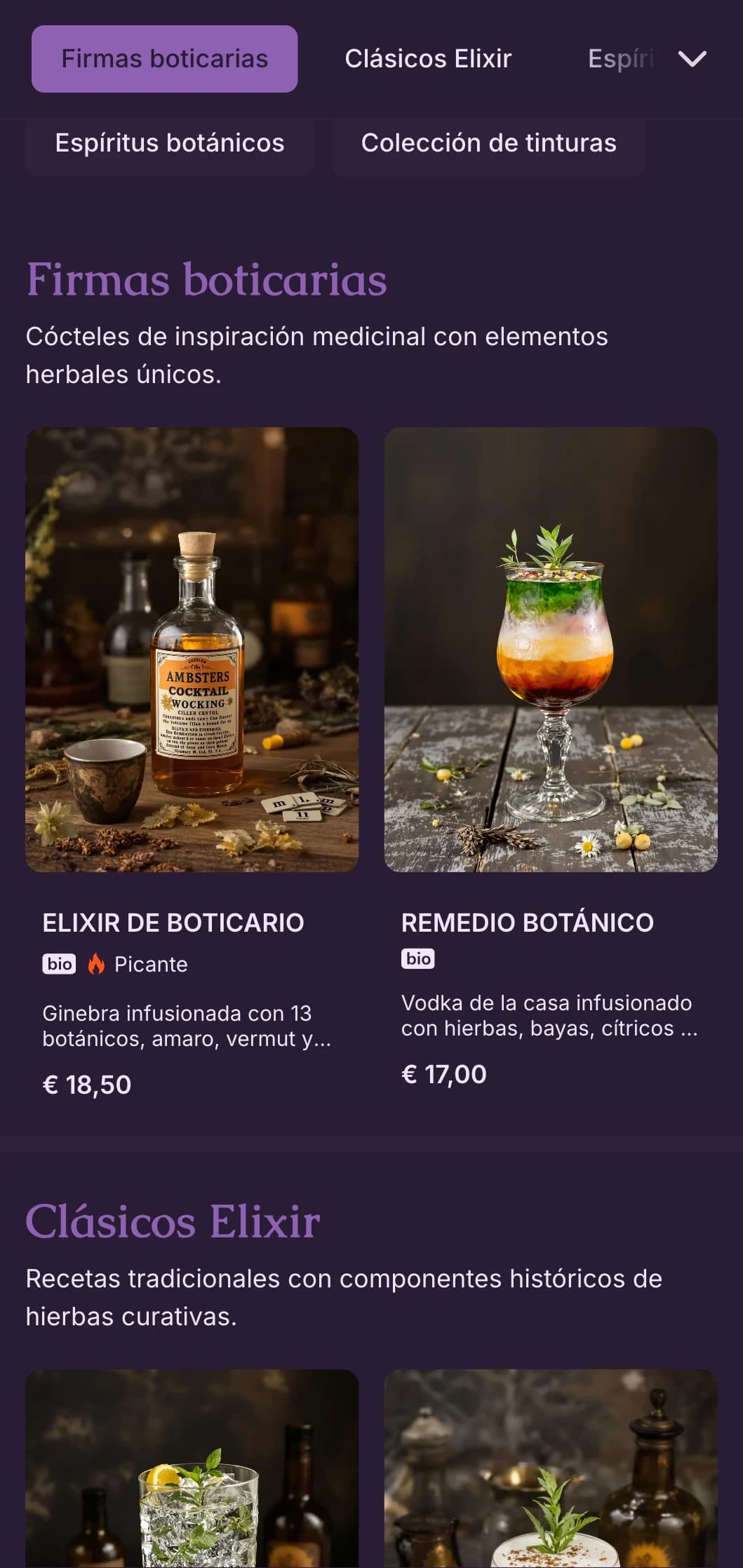 Misterioso diseño morado con ilustraciones botánicas para laboratorios de coctelería artesanal.