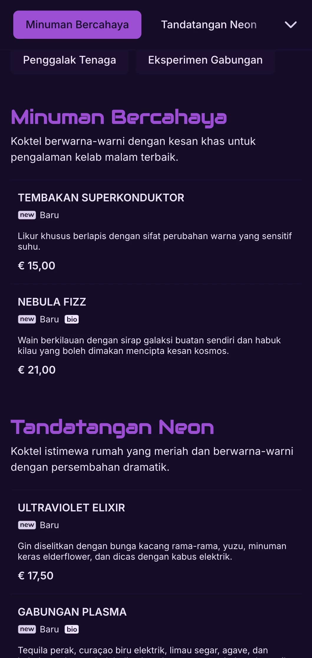 Reka bentuk ungu dan hitam kontras tinggi dengan unsur neon untuk bar koktel kontemporari.