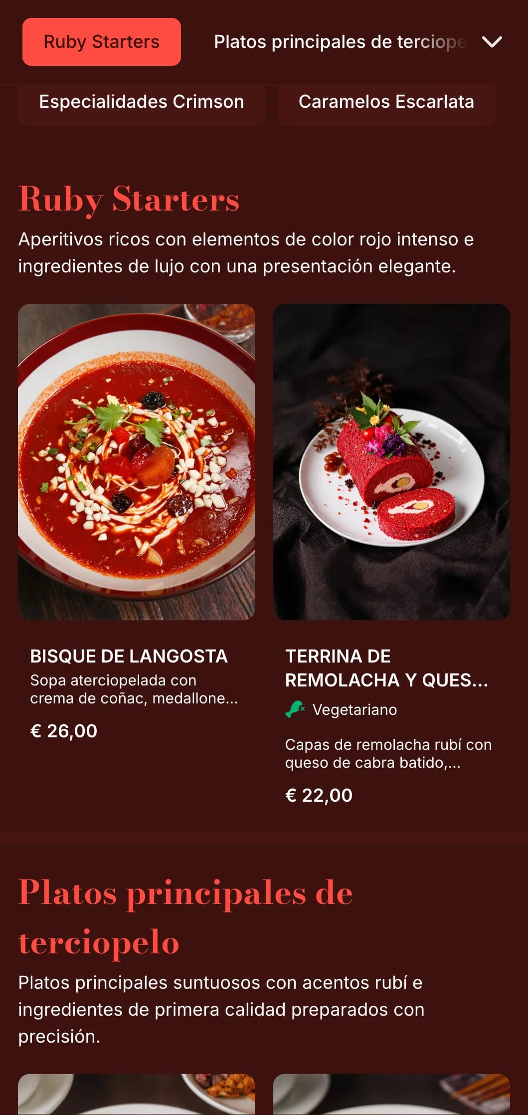 Un menú rico, de color rojo rubí, con texturas afelpadas y elementos dramáticos, diseñado para cenas románticas.