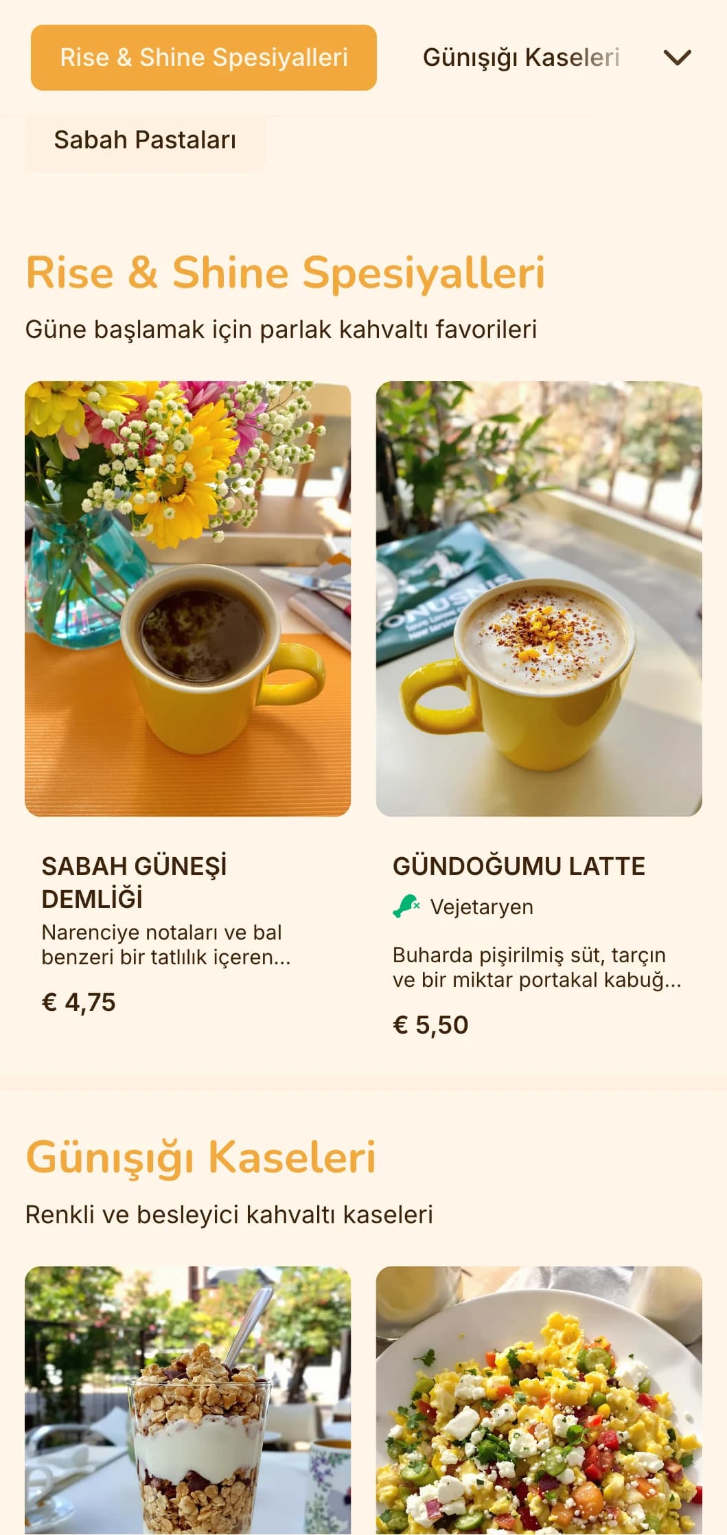 Kahvaltı lokantaları ve brunch mekanları için güneşli öğeler içeren neşeli sarı ve turuncu tasarım.