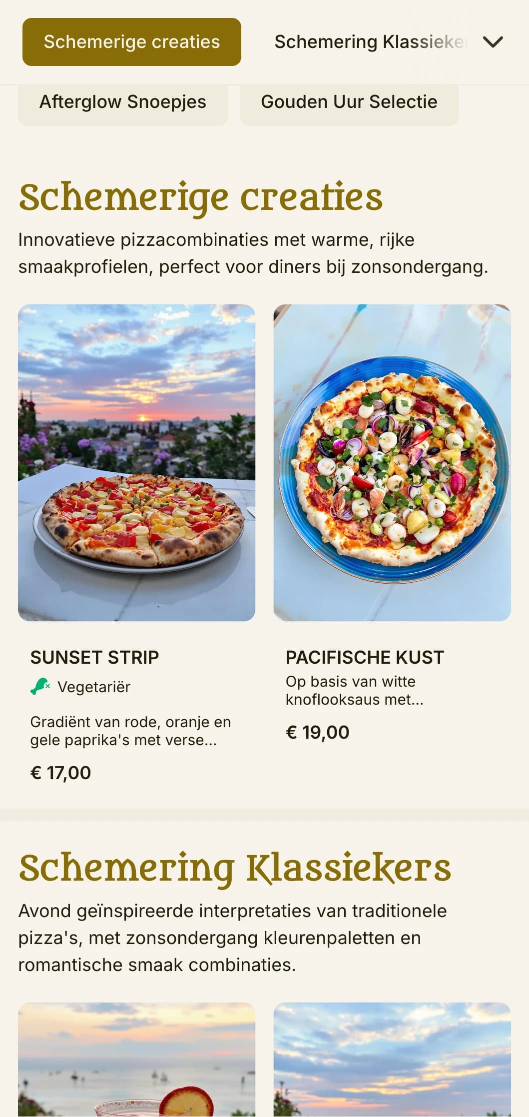 Levendig pizzamenu met zonsondergangkleurenpalet en romantische elementen.