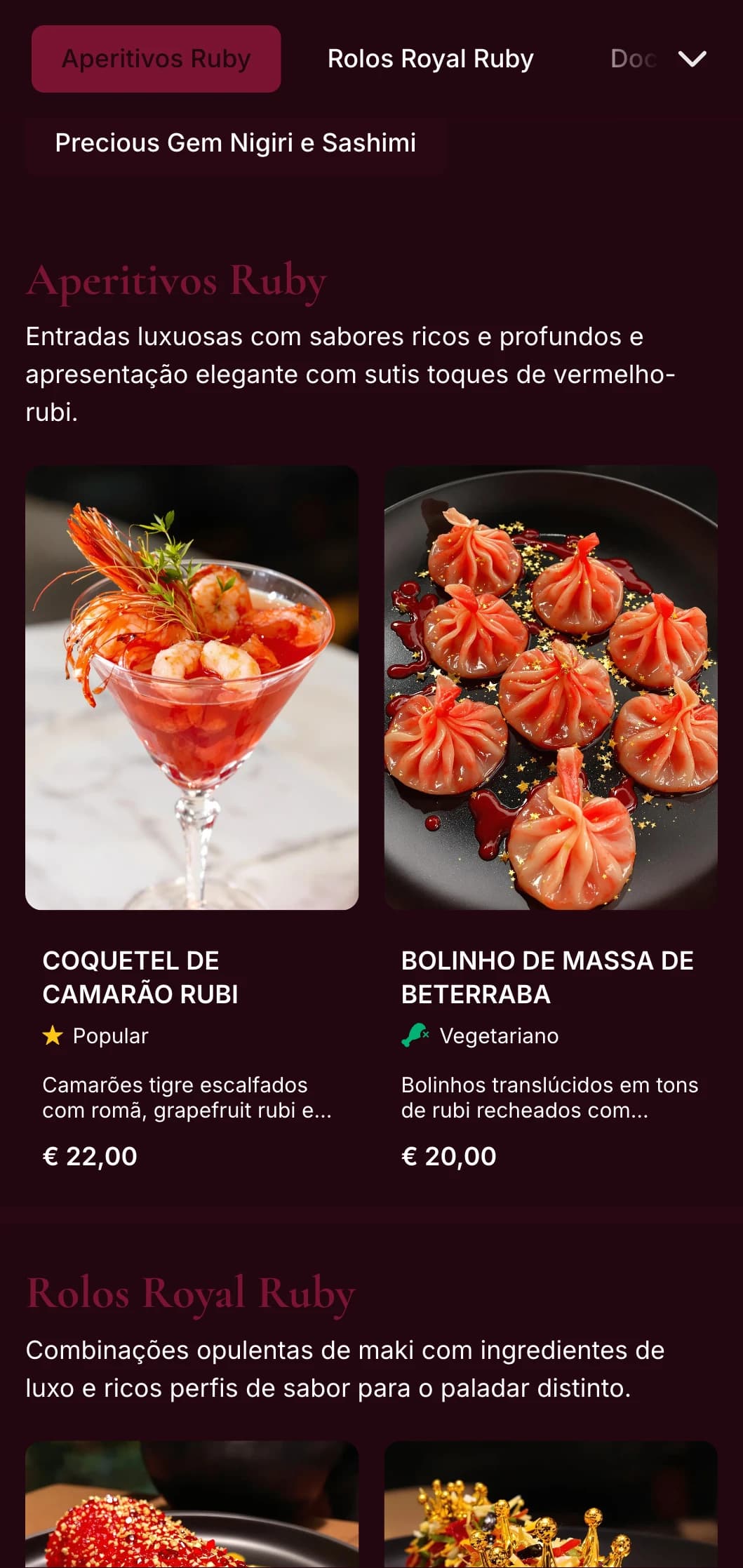 Menu de sushi inspirado em um vermelho intenso e rico, com luxuosos tons de rubi para restaurantes de fusão asiáticos premium.