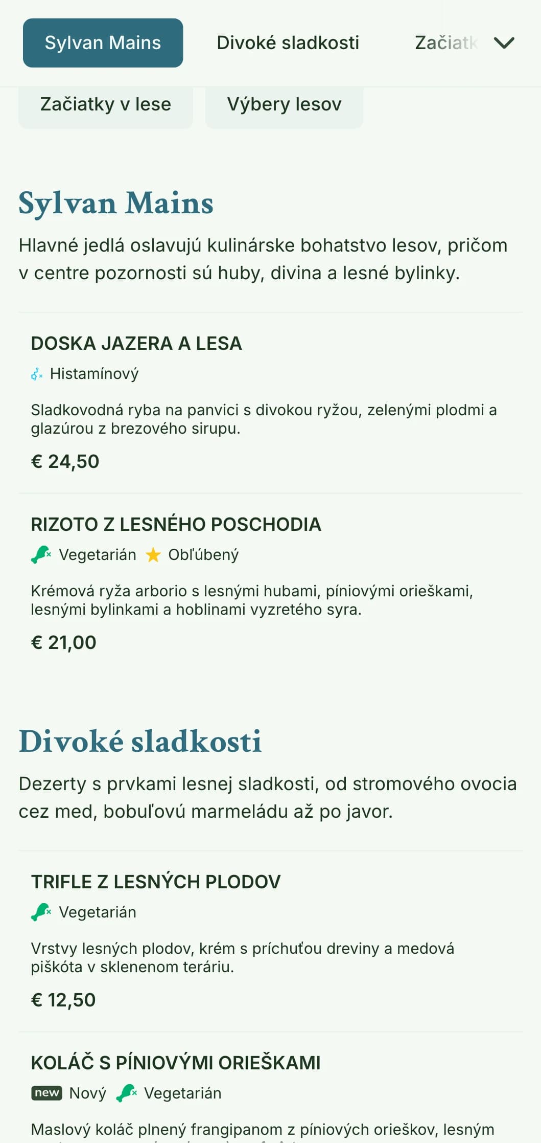 Pokojný, lesom inšpirovaný dizajn obedového menu s organickými textúrami a zemitými tónmi, ideálny pre reštaurácie v blízkosti prírodného prostredia a parkov.