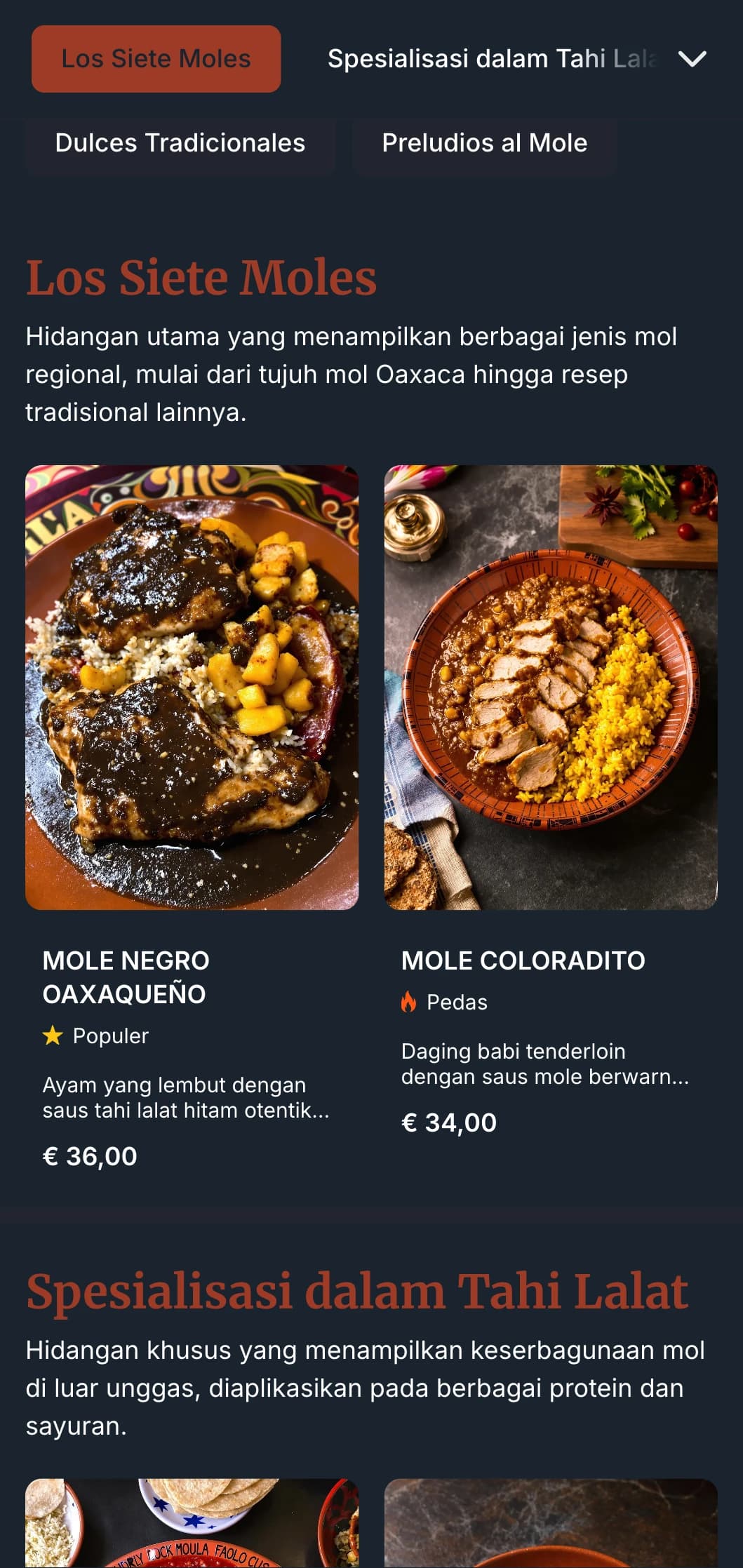 Menu yang kaya dan kompleks yang menampilkan beragam saus mol Meksiko yang menampilkan warna terakota yang pekat, olahan tradisional, dan variasi regional.