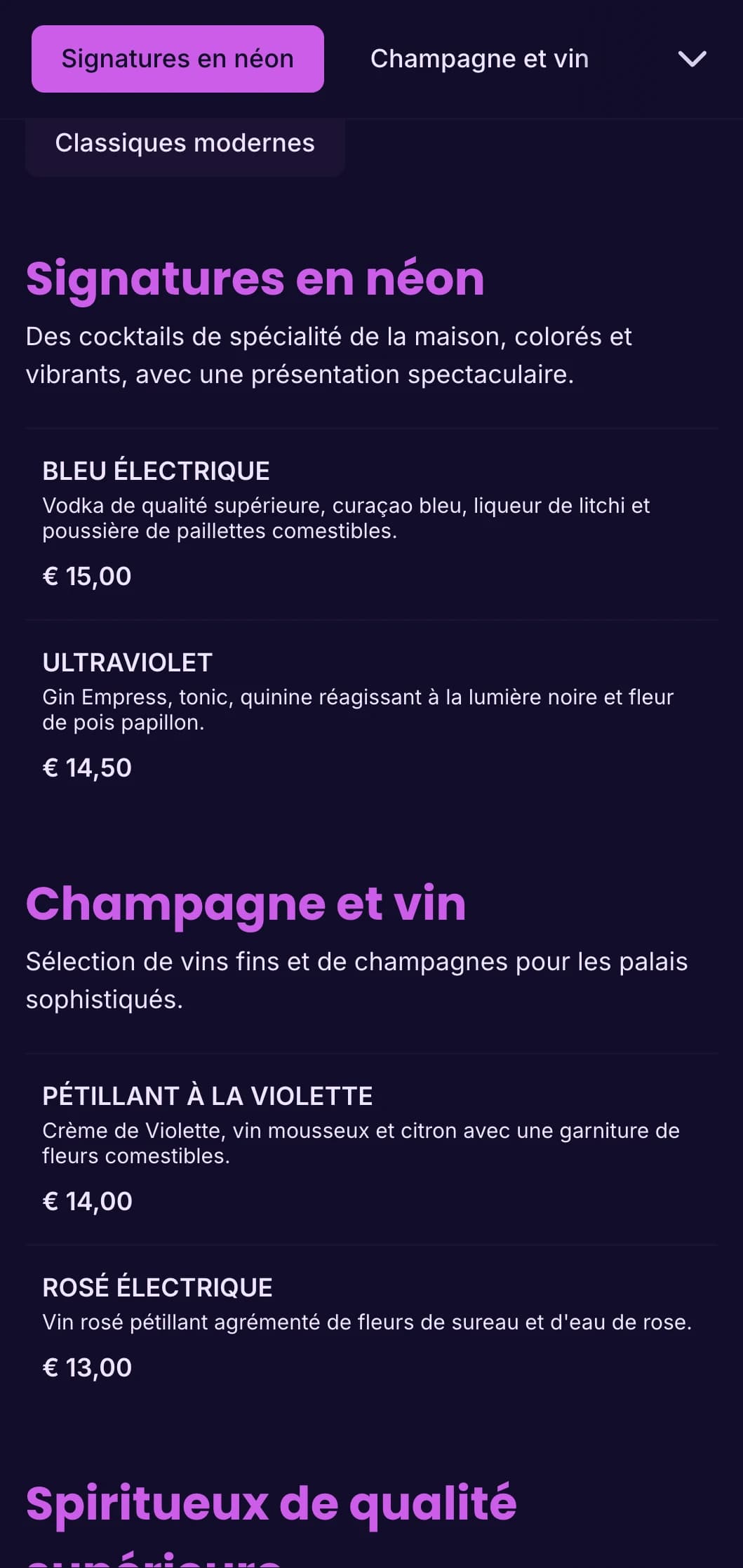 Design vibrant violet et ultraviolet pour les boîtes de nuit et les salons de cocktails branchés.