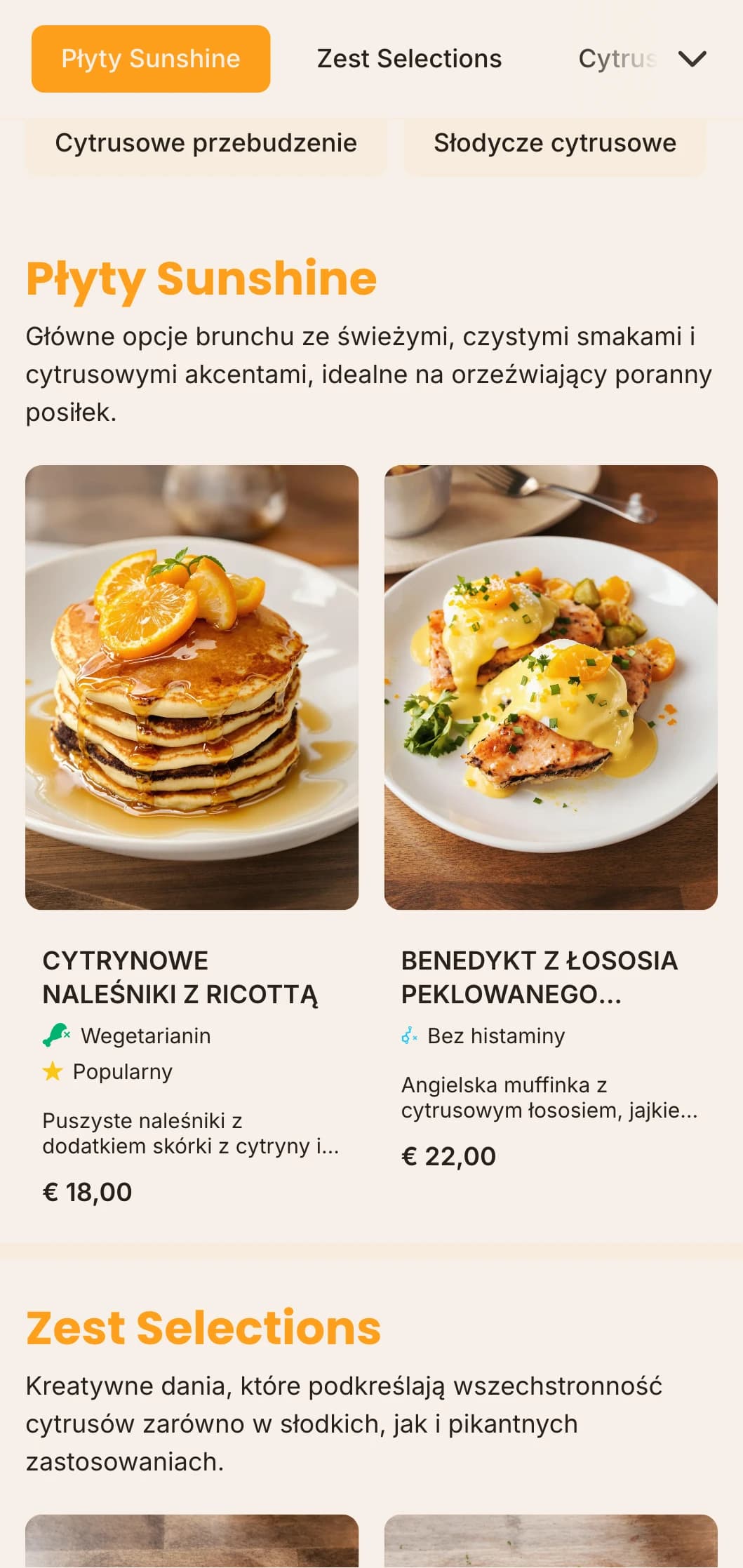 Jasny, energetyczny szablon brunchowy z pomarańczowymi akcentami, idealny do barów sokowych i kawiarni zorientowanych na zdrowie.