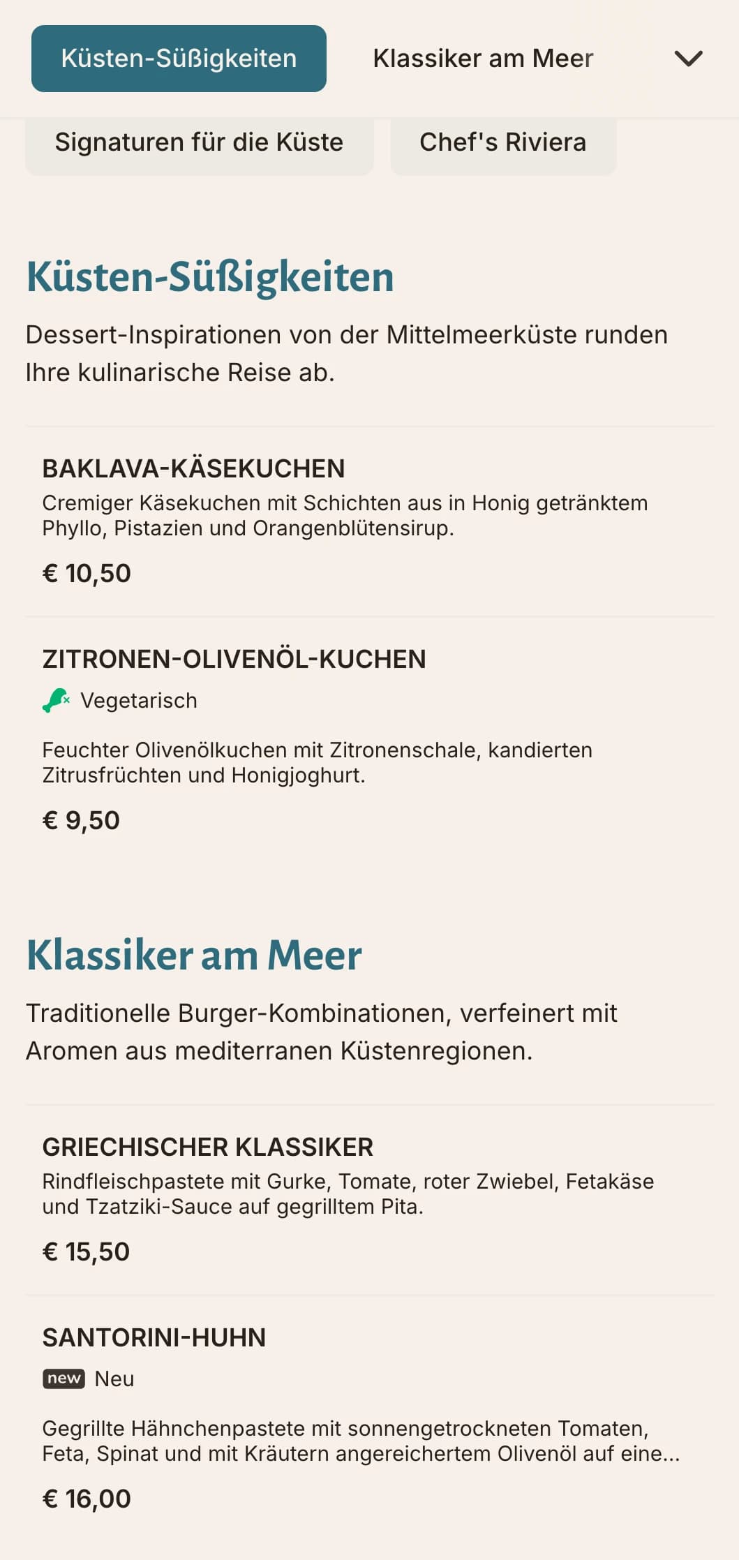 Von der Küste inspiriertes Burger-Menü mit mediterranen blauen Akzenten und Schwerpunkt auf frischen Zutaten.