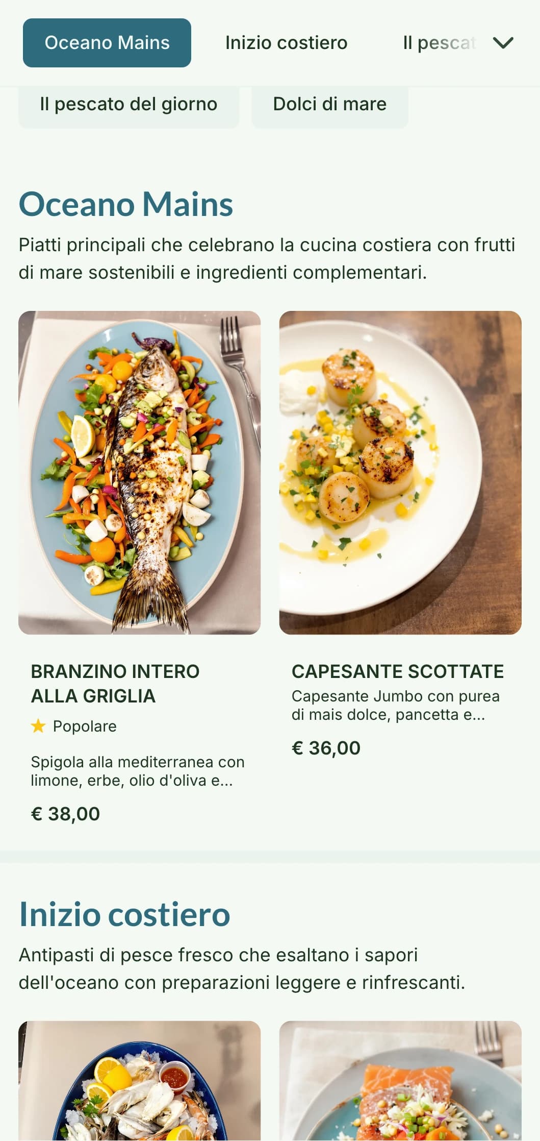 Un design fresco e arioso per il menu della cena ispirato alla vita costiera, caratterizzato da blu tenui e texture naturali, perfetto per i ristoranti di pesce.