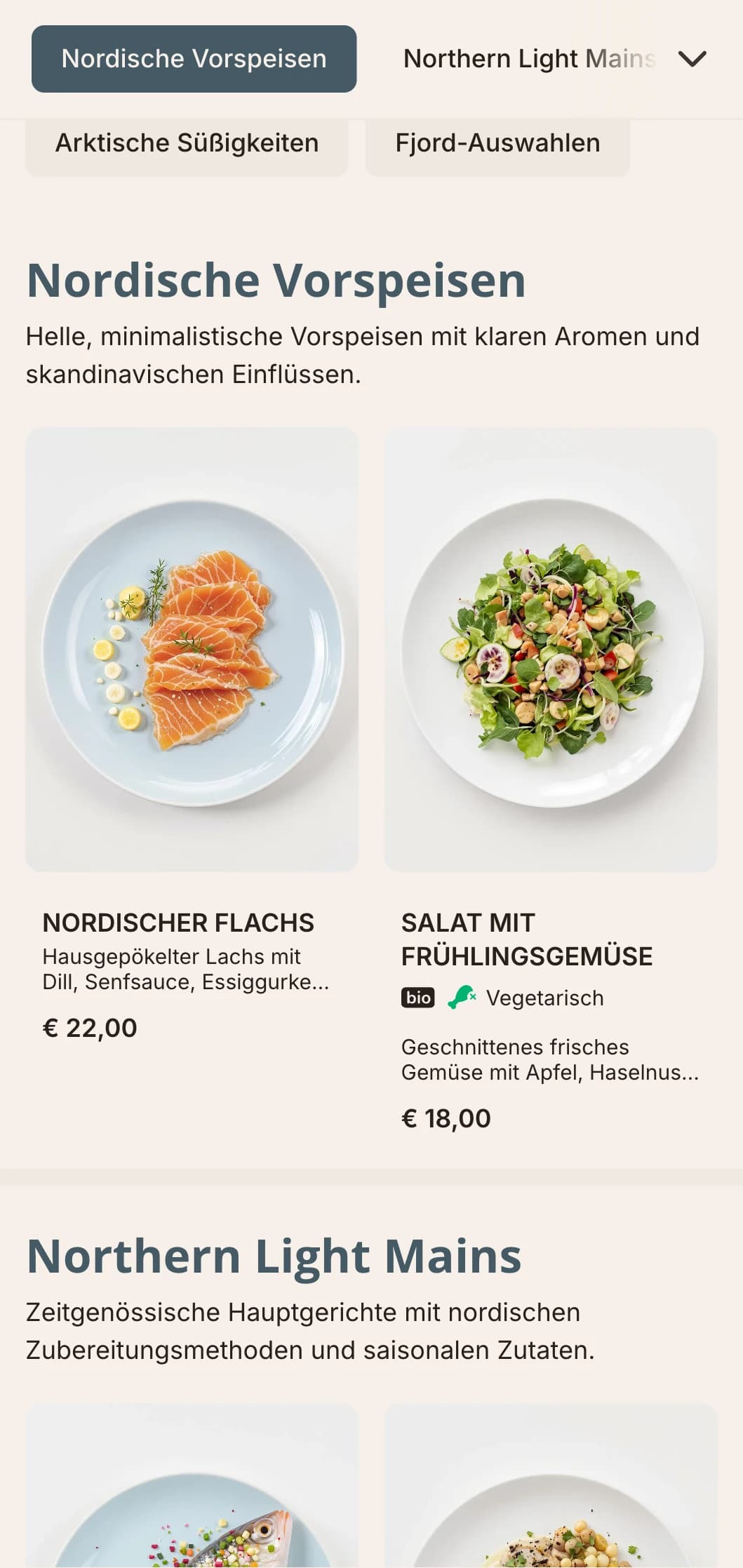 Ein helles, klares Abendmenü mit skandinavischen Einflüssen und hellblauen Akzenten, perfekt für die nordisch inspirierte Küche.