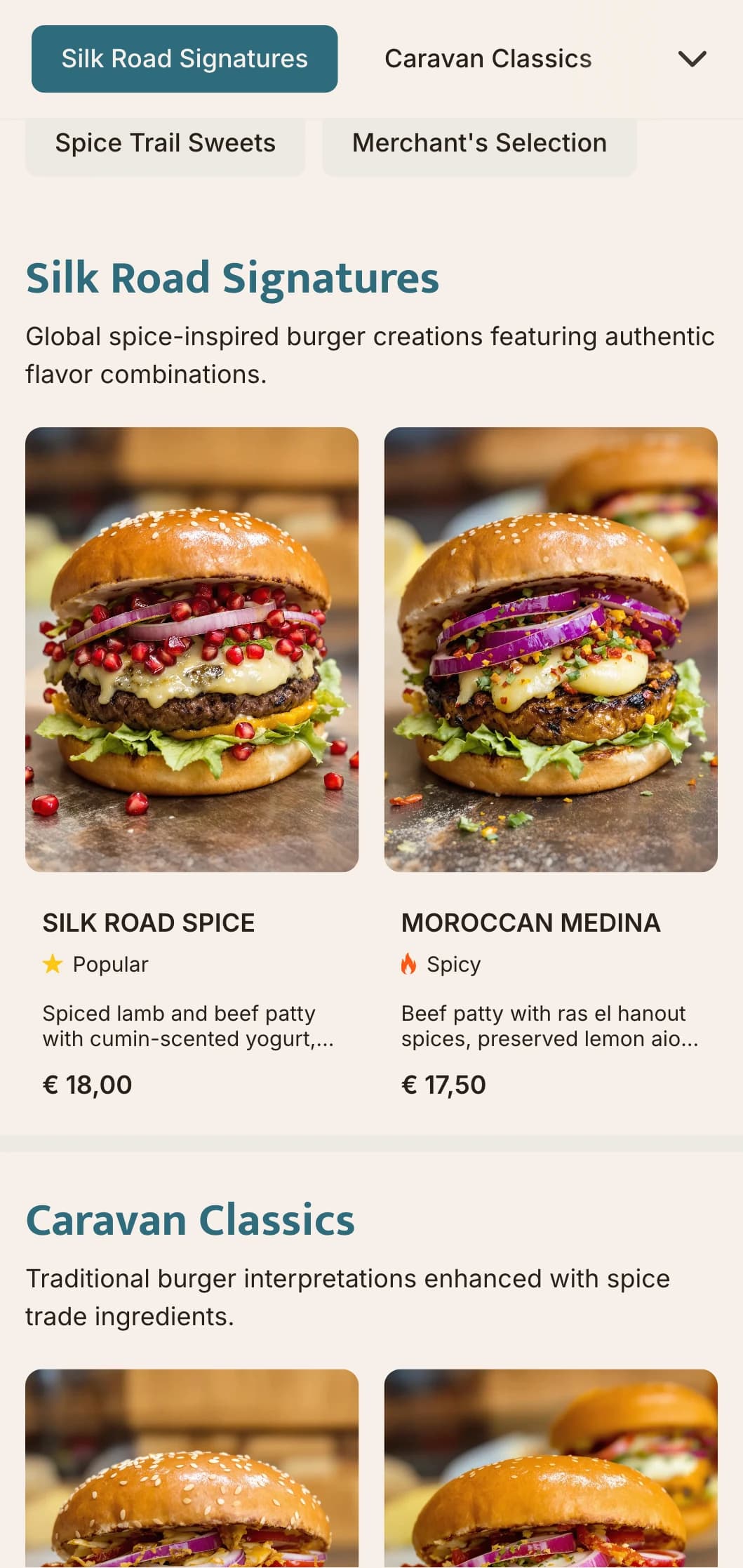 Spice trade inspired burger menu featuring global flavor profiles and historical references.