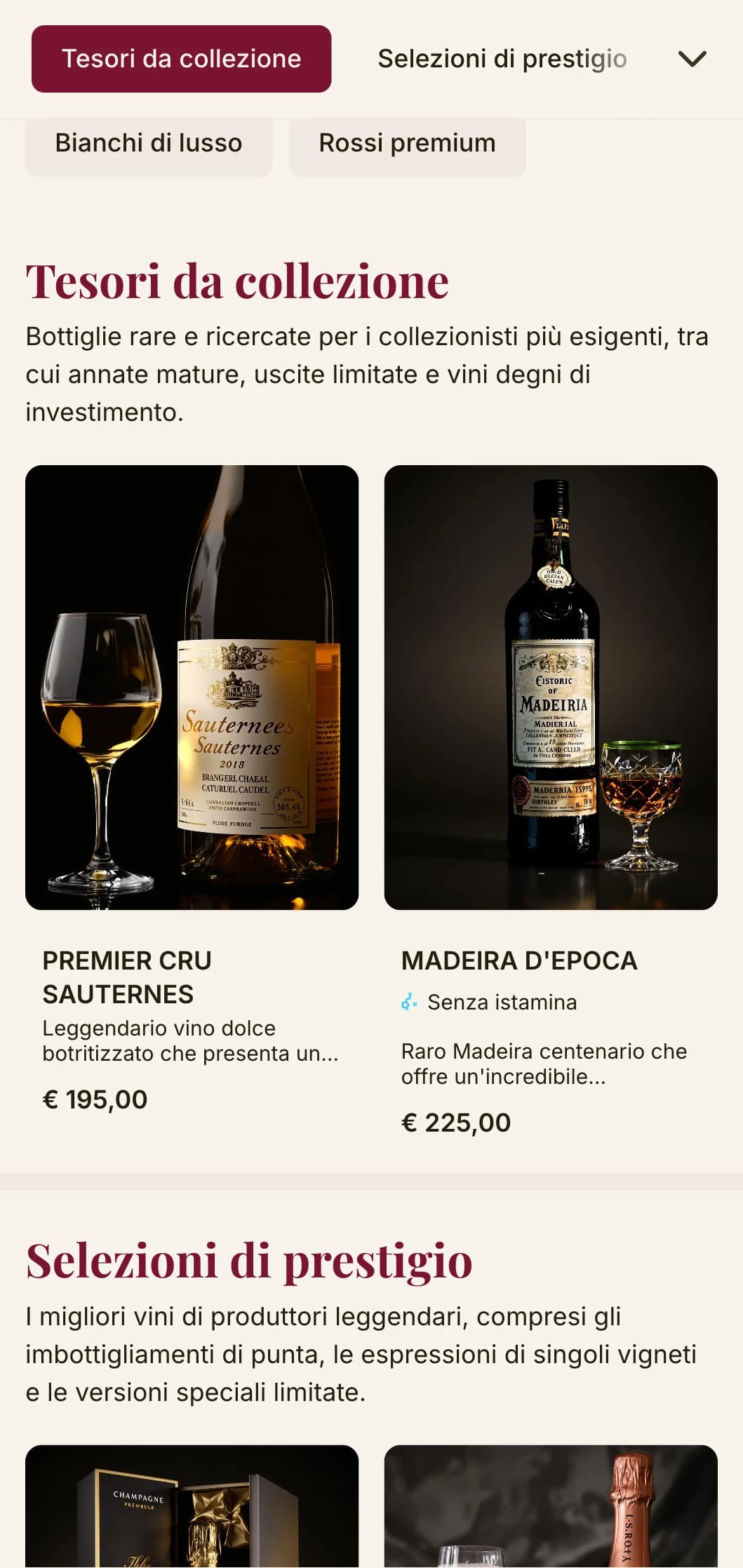 Modello di carta dei vini di lusso con accenti di rosso intenso e tipografia sofisticata, ideale per cantine di alto livello e locali di lusso.