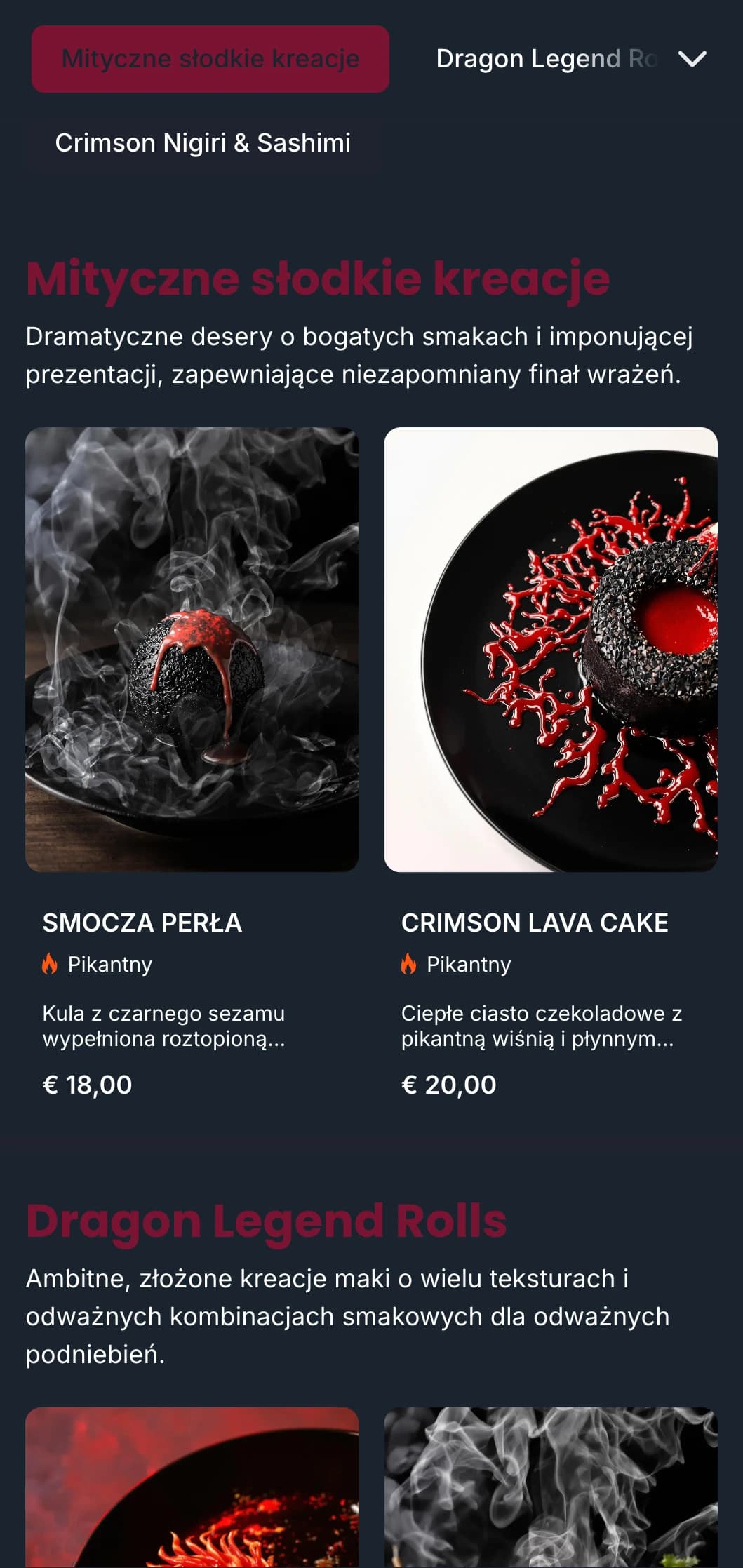 Odważne, dramatyczne menu sushi z bogatymi odcieniami czerwieni inspirowanymi tradycyjną japońską mitologią smoka.