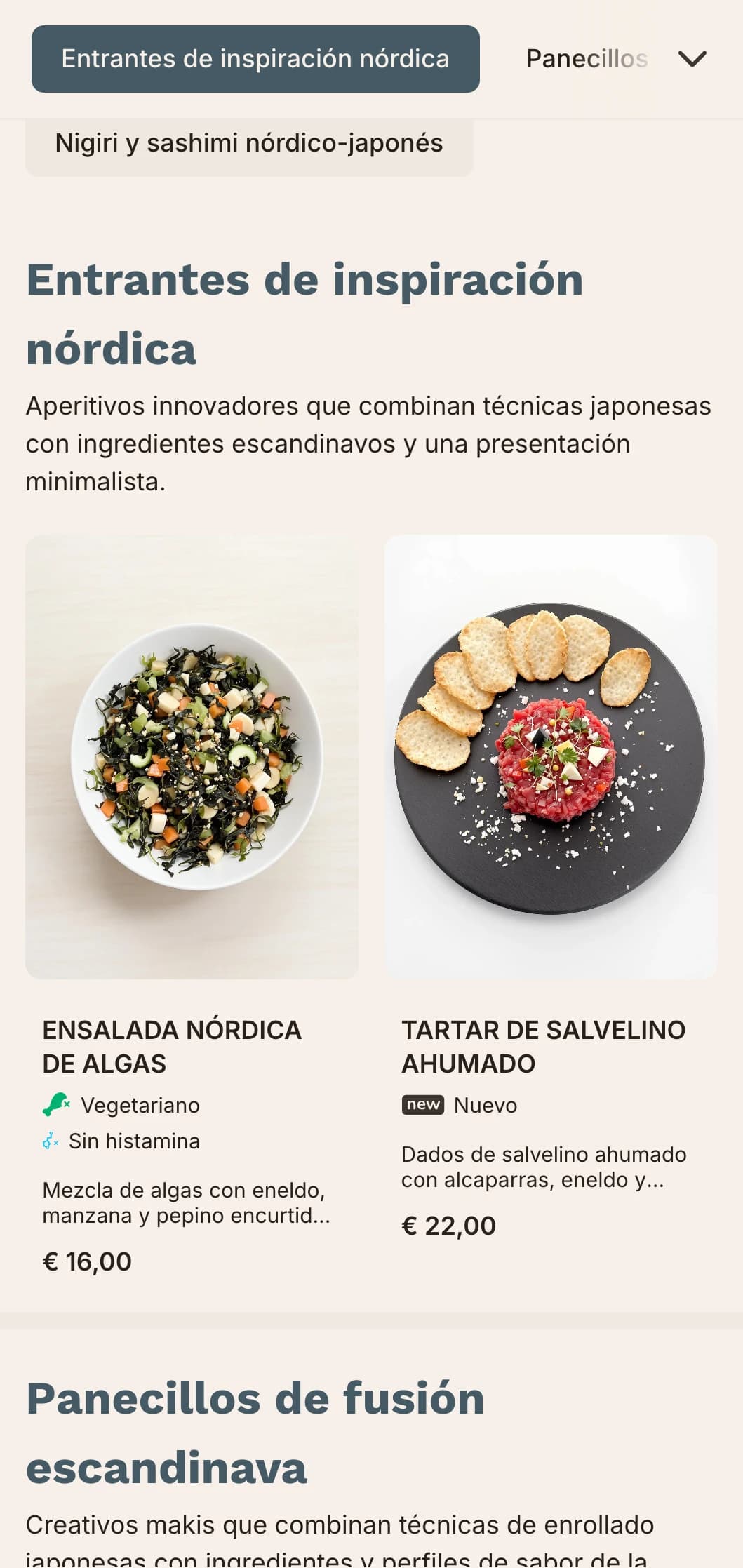 Menú de sushi de fusión contemporánea que combina las tradiciones japonesas con el minimalismo escandinavo, de líneas limpias y azules apagados.