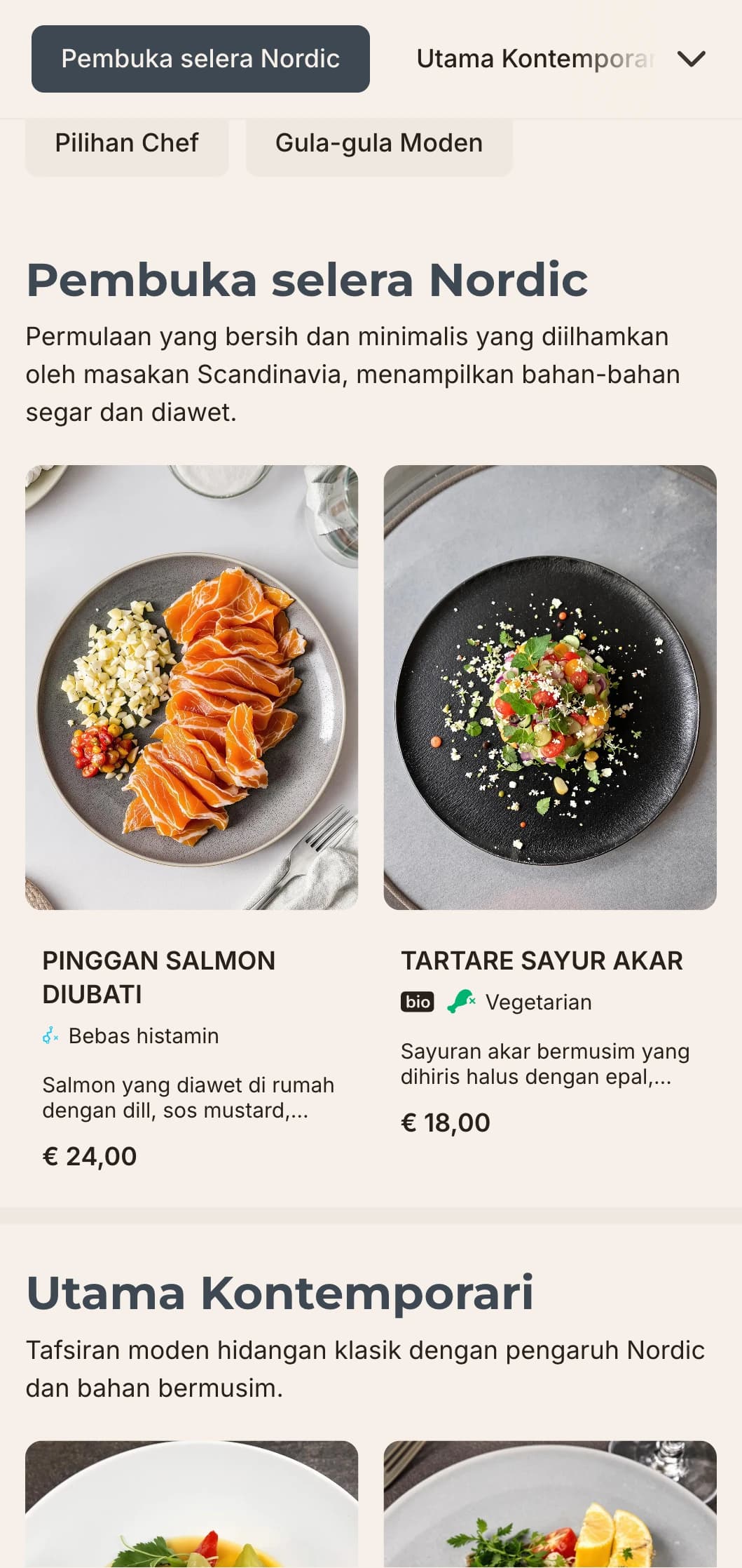 Reka bentuk menu makan malam yang bersih dan minimalis dengan pengaruh Scandinavia, menampilkan ruang putih yang luas dan unsur geometri, sesuai untuk tempat makan kontemporari.