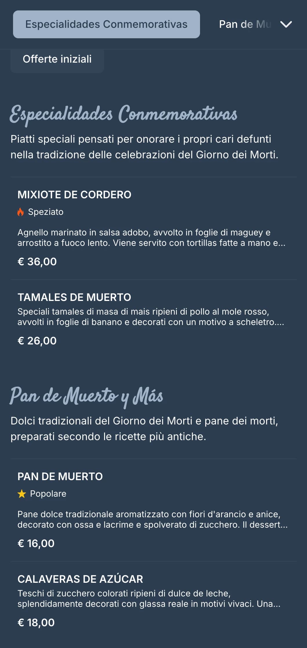 Menù artistico e celebrativo a tema Giorno dei Morti con ricche tonalità grigio-blu, motivi di teschi di zucchero e speciali offerte stagionali.