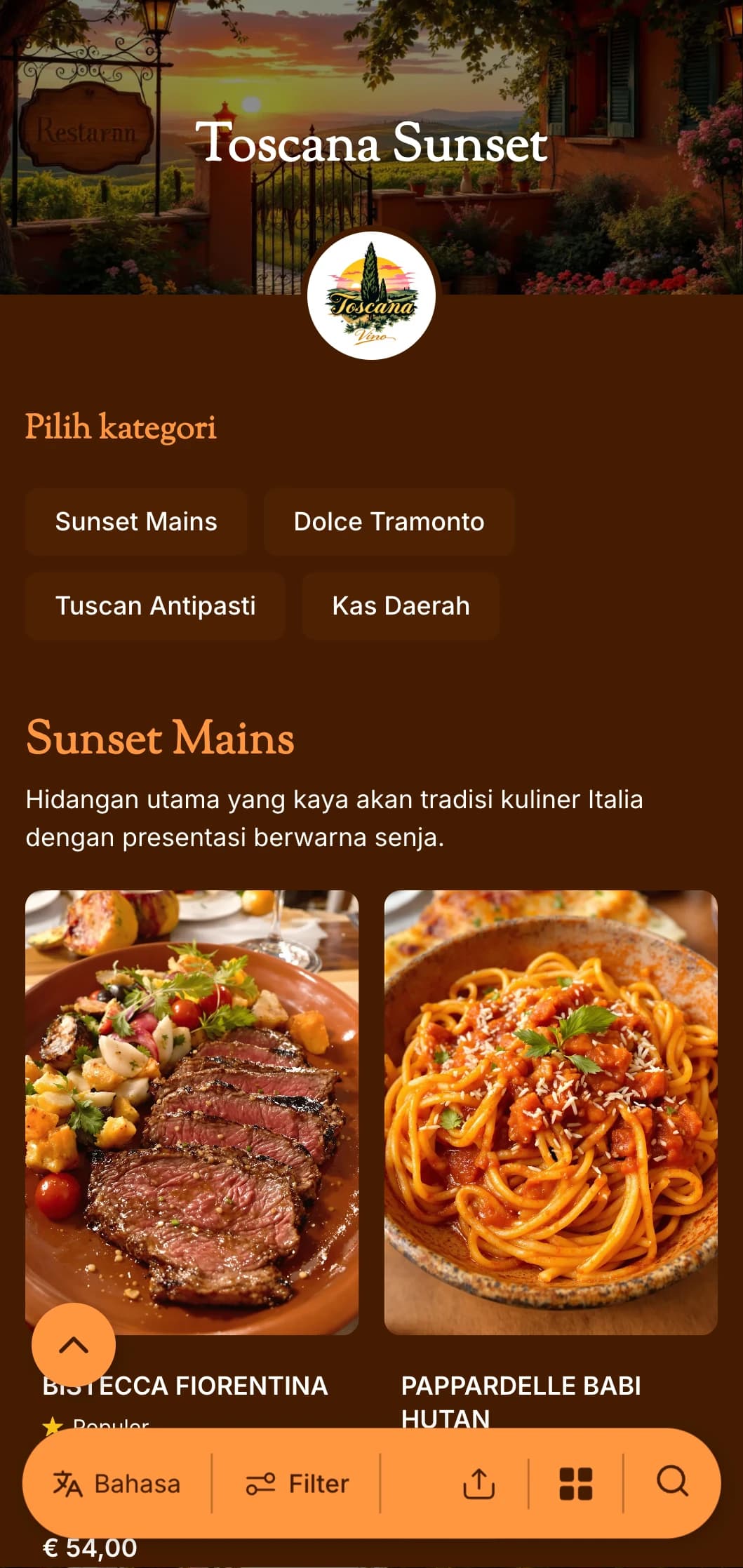 Menu makan malam yang hangat dan terinspirasi dari Tuscan yang menampilkan nuansa terakota dan elemen desain Italia, sempurna untuk restoran Italia yang otentik.
