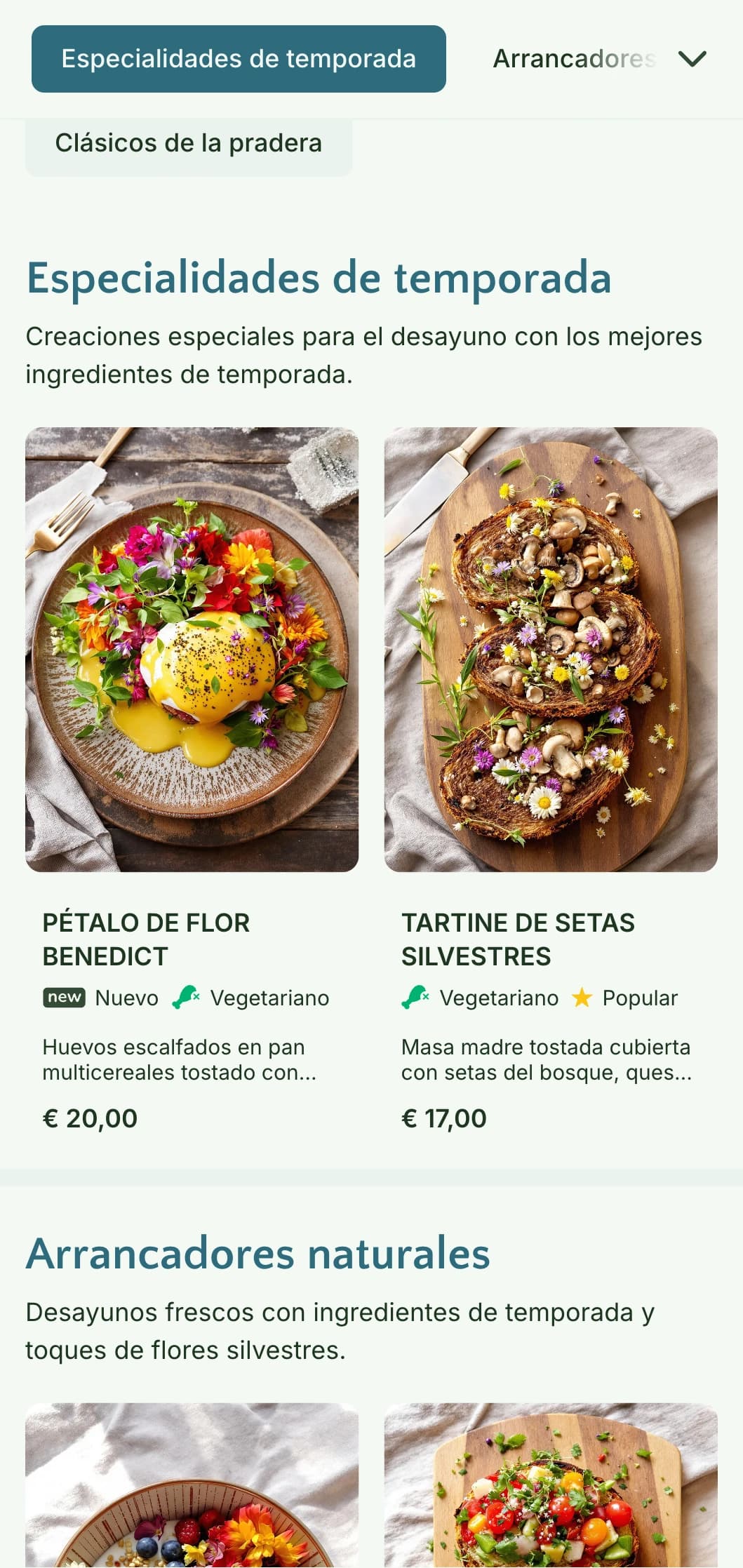 Platos matinales inspirados en la naturaleza con ingredientes de temporada y una presentación orgánica con influencias botánicas.
