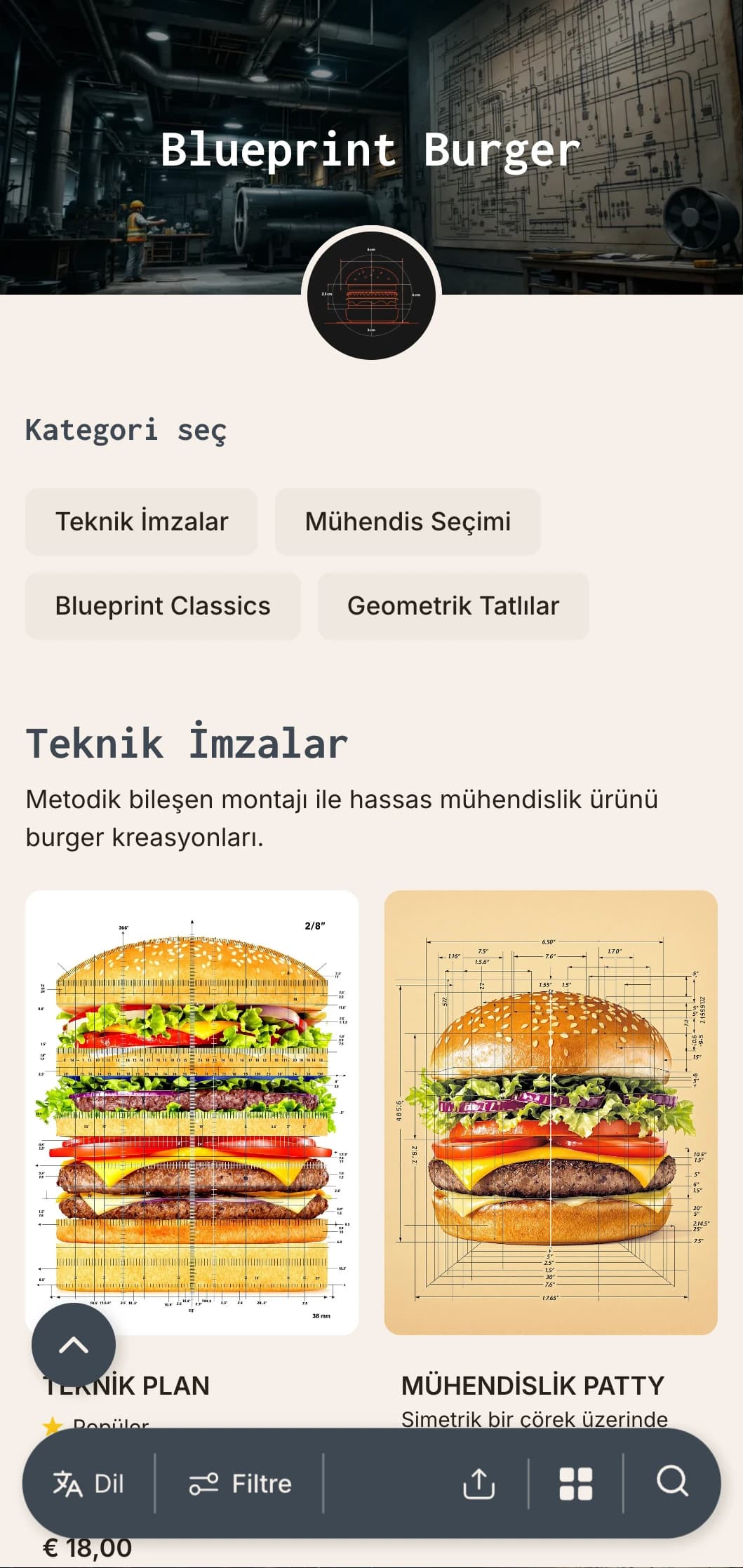 Teknik çizim, hassasiyet ve mimari unsurlarla burger konseptine ilham verdi.