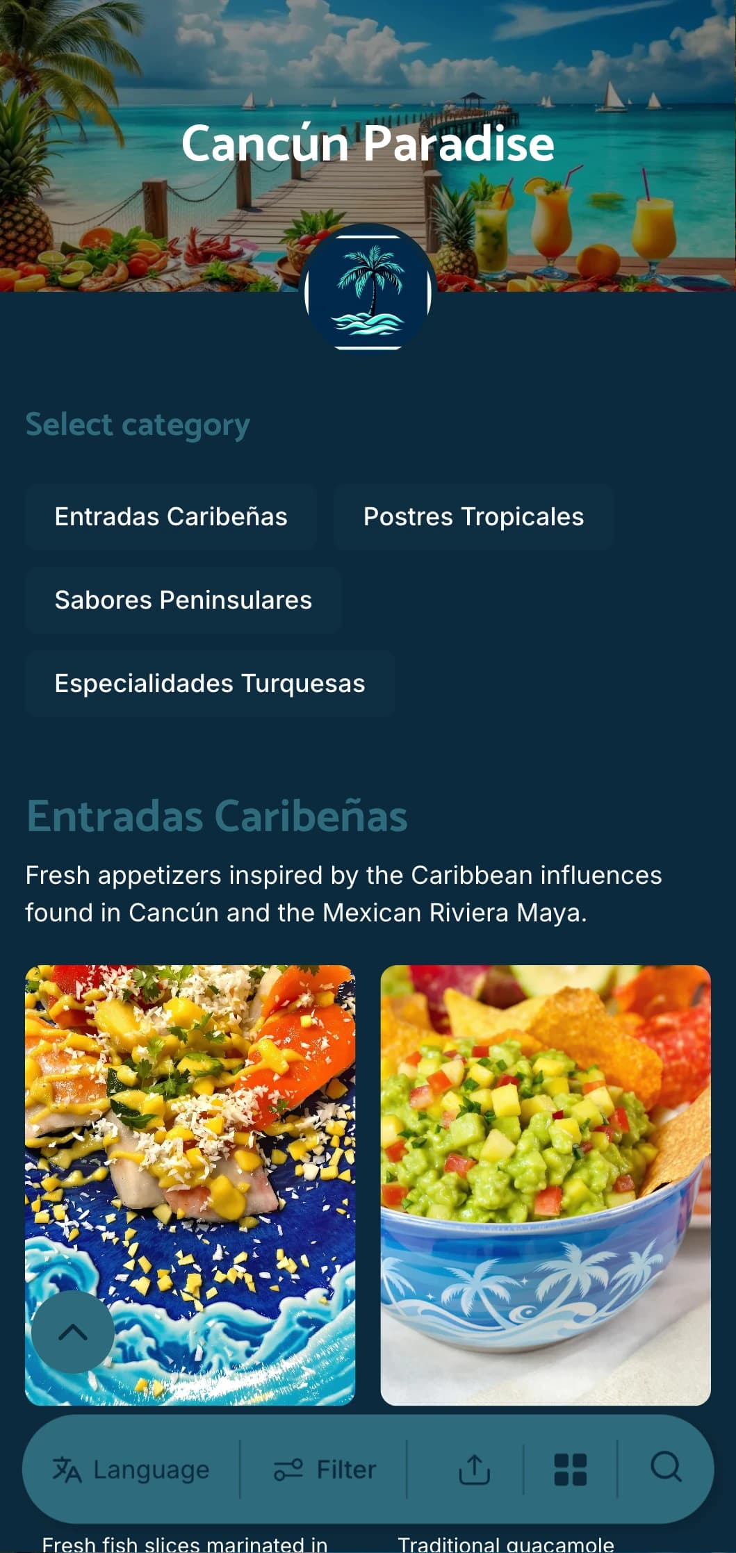 Bright and refreshing Cancún resort menu featuring turquoise water accents, beachside cuisine, and vacation-inspired dishes.