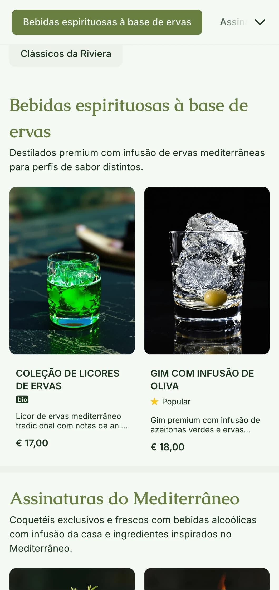 Um design de inspiração mediterrânea para bares especializados em licores de ervas e coquetéis botânicos com tons de verde oliva.